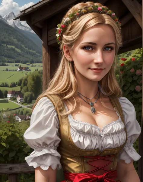 Masterpiece, absurdres, fine detail, HDR, highly detailed face and eyes, photorealistic, drindl, a woman in traditional bavarian...