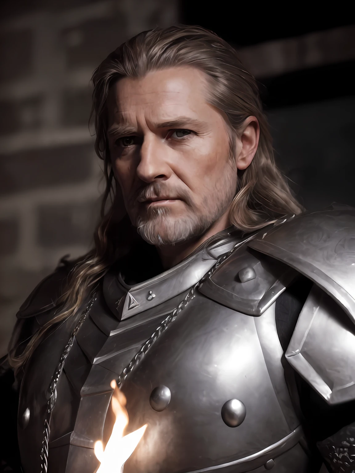 (Highest quality:1.3), cinematic shot, masterpiece, (sharp focus:1.5), (photorealistic:1.3),  medium portrait of (a weary-looking but still proud and fierce-looking old Viking warrior, now the leader of his village, dressed in elaborately detailed chain mail and leather armour, a few torches burn on the walls, giving the scene a dark atmosphere but sculpting the forms in sharp chiaroscuro), it is night time, (highly detailed skin),  (detailed face), detailed background, dark lighting, twilight lighting, volumetric lighting,  intricate details, UHD,