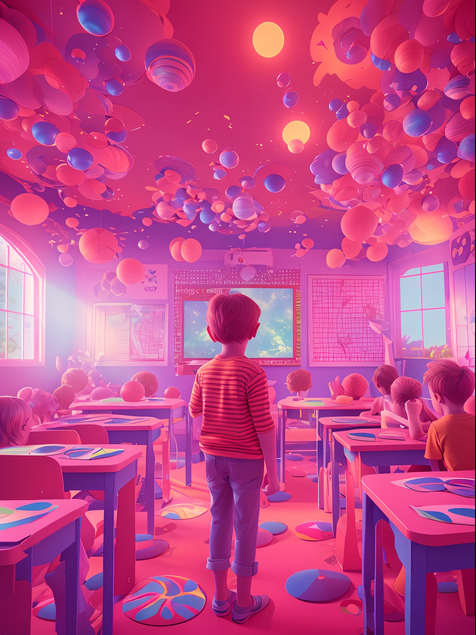 A KIDS, classroom, fantasy, psychedelic feeling, The wide view captures, colorful color matching, Maxon Cinema 4D, Luminism, cinematic lighting, retina, textured skin, anatomically correct, best quality, award winning