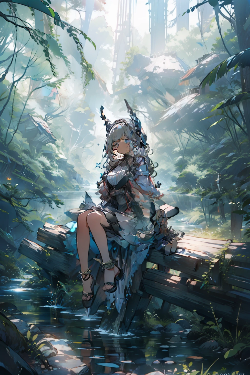 1girl, anklet, barefoot, bracelet, breasts, forest, jewelry, long hair, nature, outdoors, pointy ears, river, sitting, solo, tree, water, white hair