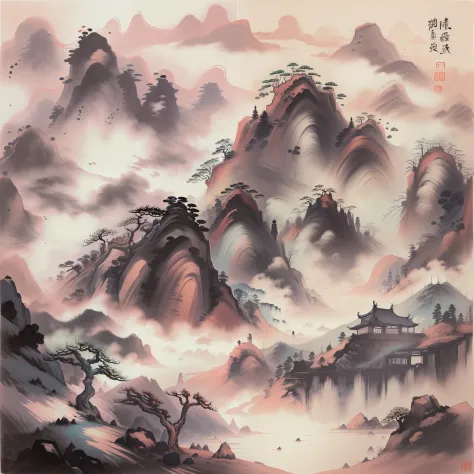 Splashed ink landscape painting，Traditional Chinese painting style，Eight Mountain People