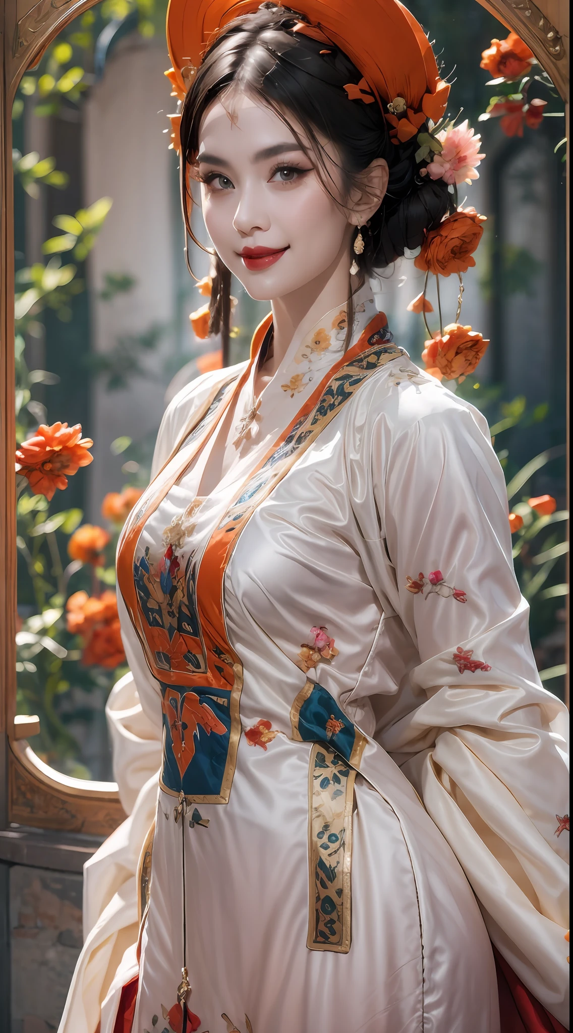 ภาพนักบุญวัย 27 ปี, charming ผู้ใหญ่ saint in a long dress made of thin silk, beautiful saint with an old ใบหน้า, ผู้ใหญ่, สวมชุดผ้าไหมหลากสีบางๆ, beautiful ใบหน้า without blemishes, (((รอยยิ้มที่เป็นธรรมชาติ:1.4))), ((ความยาวผม 7 สีผม:1.2)), มงกุฎใหญ่, เข็มกลัดผม, ชุดฮันฟู่, สไตล์จีนโบราณ, เครื่องประดับทั้งตัว, สักหน้าผาก, หน้าอกสม่ำเสมอมาก, ใบหน้า, innocent ใบหน้า, ลิปสติกสีแดงอ่อนสวยและละเอียดที่สุด, ((ริมฝีปากบางอวบอิ่ม:0.3)), ดวงตาสีชมพูและสีขาวละเอียดอ่อน (ขาวและละเอียด) โรงภาพยนตร์, แสงและความมืด, แสงที่น่าทึ่ง, แสงมหัศจรรย์, แสงที่มีรายละเอียดมาก, สีที่แท้จริง, คมชัดสุดๆ, เหมือนจริง, คุณภาพ 8k, พื้นหลังจักรวาลแฟนตาซี, นักบุญและพื้นที่มหัศจรรย์, ภาพที่มีรายละเอียดมากที่สุด, ตามลำพัง, นักบุญหญิง, ((มองตรงไปที่ร่างกายส่วนบนของนักบุญ:0.4)), ((ผิวเรียบเนียน:0.5)),