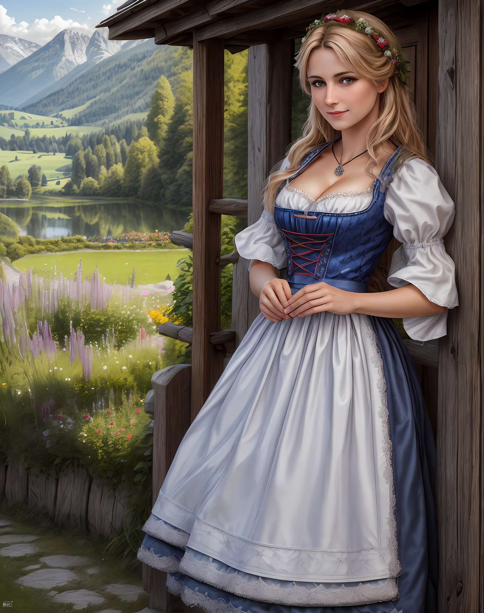 Meisterwerk, absurdesten, Feines Detail, HDR, sehr detailliertes Gesicht und Augen, fotorealistisch, drindl, eine Frau in traditioneller bayerischer Kleidung posiert mit den Händen hinter dem Rücken ,deutsche Frau, Dirndl tragen,Nahaufnahme,