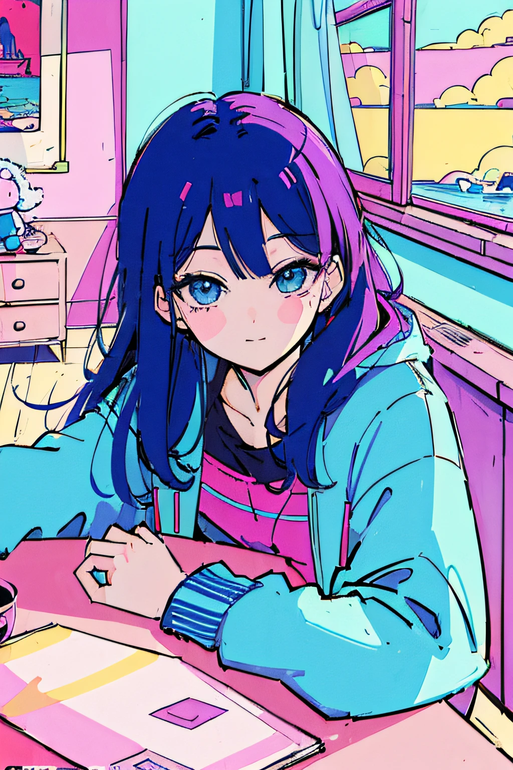 Anime girl with blue hair sitting at a table with a cup of coffee - SeaArt  AI