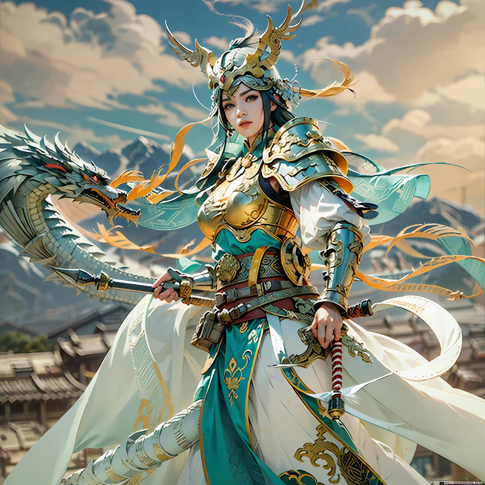 in a panoramic view，sportrait，photorealestic，Army style，China-style，Blue sky, White clouds and steppe，Beautiful Chinese female warrior，Gold glossy armor，Armed belts，Dragon helmet，Wear a Chinese sabre，Fang Tian drew a halberd，Before the ancient city of China，face to the viewer，Perfectcomposition，