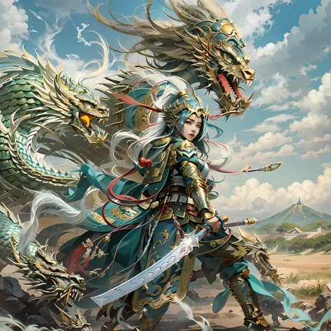 in a panoramic view，sportrait，photorealestic，Army style，China-style，Blue sky, White clouds and steppe，Beautiful Chinese female warrior，Gold glossy armor，Armed belts，Dragon helmet，Wear a Chinese sabre，Fang Tian drew a halberd，Before the ancient city of Chin...