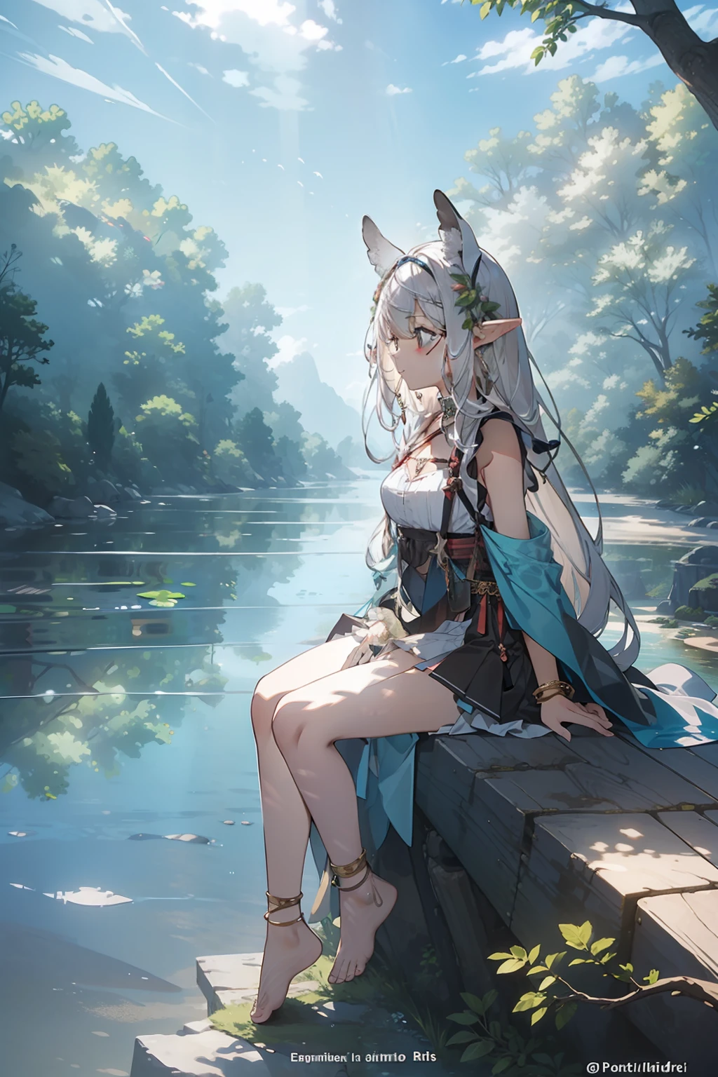 1girl, anklet, barefoot, bracelet, breasts, forest, jewelry, long hair, nature, outdoors, elf,pointy ears, river, sitting, solo, tree, water, white hair