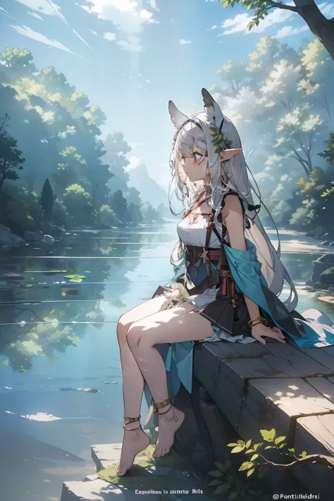 1girl, anklet, barefoot, bracelet, breasts, forest, jewelry, long hair, nature, outdoors, elf,pointy ears, river, sitting, solo,...