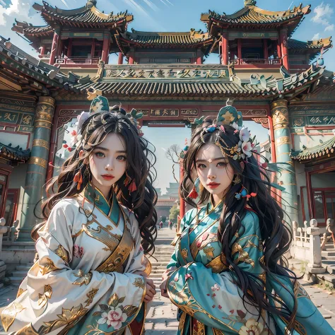 in a panoramic view，sportrait，photorealestic，China-style，Blue sky, In a palace in China，3girl，Three beauties dressed in gorgeous...