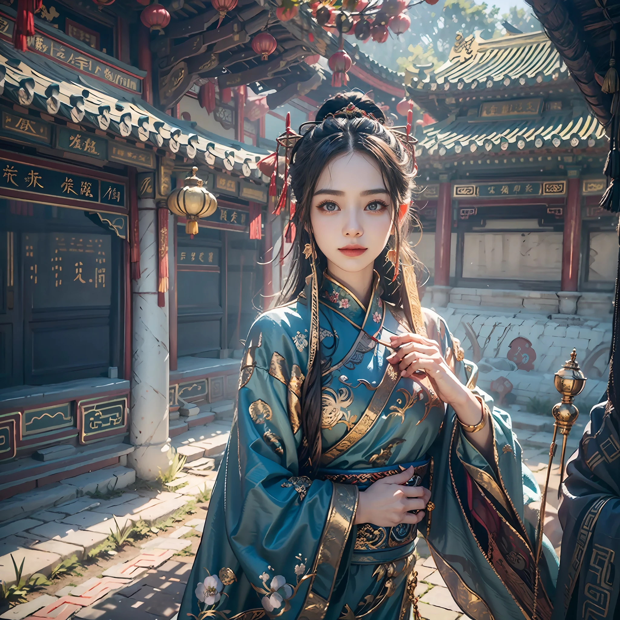 in a panoramic view，sportrait，photorealestic，China-style，Blue sky, In a palace in China，3girl，Three beauties dressed in gorgeous ancient Chinese Tang costumes，In front of the Chinese Palace，with a smile on her face，Perfectcomposition，professional，Meistwick，commissioned，best qualtiy，color corrected，After fixation，Retouching，Improvement，Epic，Tone-mapping，the detail， highly  detailed， digitial painting， art  stations， Conceptual map of the long dam， Smoothness， Sharp focus， Beautiful illustration， photore， The light from the back window is backlighted， Dynamic Lighting， crap， complex， cinematic grain， professional， face to the viewer，（Beautiful m3d_woman， Perfect M3D_face,）， Volumetriclighting， subsurfacescattering， Good highlights， Good shadows， cinematic ligh