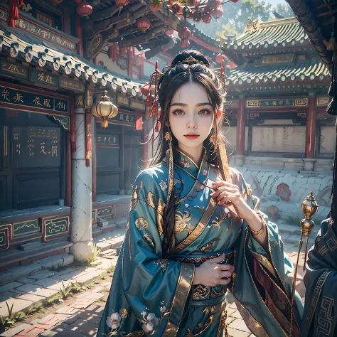 in a panoramic view，sportrait，photorealestic，China-style，Blue sky, In a palace in China，3girl，Three beauties dressed in gorgeous...