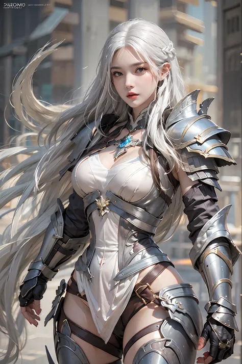 photorealistic, high resolution, 1 women, solo, hips up, white hair, long hair, look at viewer, (detailed face), medium breast, thick thighs, dragon bone armor