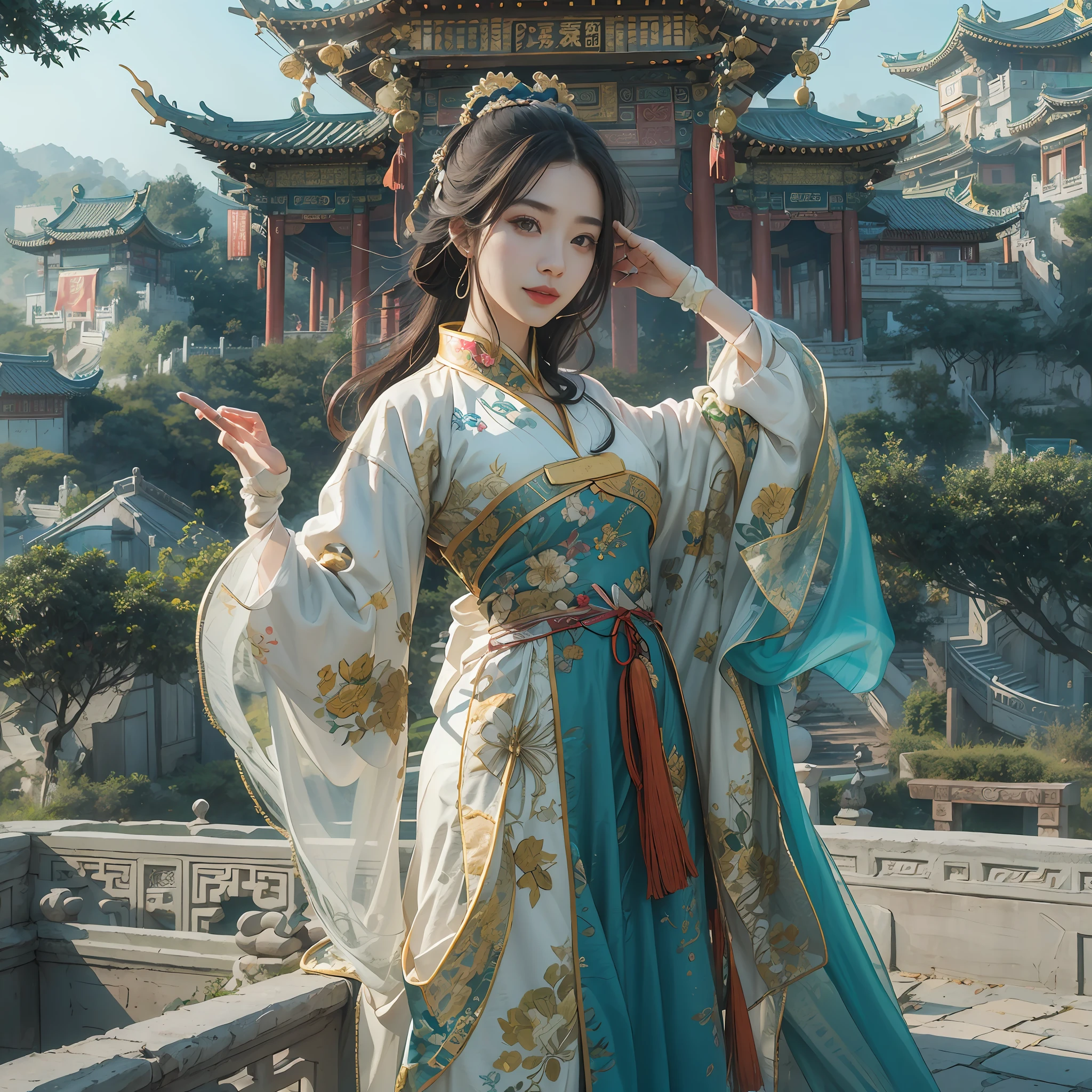 dans une vue panoramique，sportrait，photoalestic，À la chinoise，Ciel bleu, Dans un palais en Chine，3fille，Trois beautés vêtues de magnifiques costumes Tang chinois anciens，Devant le Palais Chinois，with a smile on her affronter，Composition parfaite，professionnel，Meistwick，commandé，meilleure qualité，couleur corrigée，Après fixation，Retouche，Amélioration，épique，Cartographie des tons，le détail， très détaillé， peinture numérique， stations artistiques， Carte conceptuelle du barrage long， Douceur， netteté， belle illustration， photo， La lumière de la vitre arrière est rétroéclairée， éclairage dynamique， brume， complexe， grain cinématographique， professionnel， affronter to the viewer，（Magnifique m3d_femme， M3D parfait_affronter,）， Éclairage volumétrique， subsuraffronterscattering， Bons points forts， Bonnes ombres， lumière cinématographique