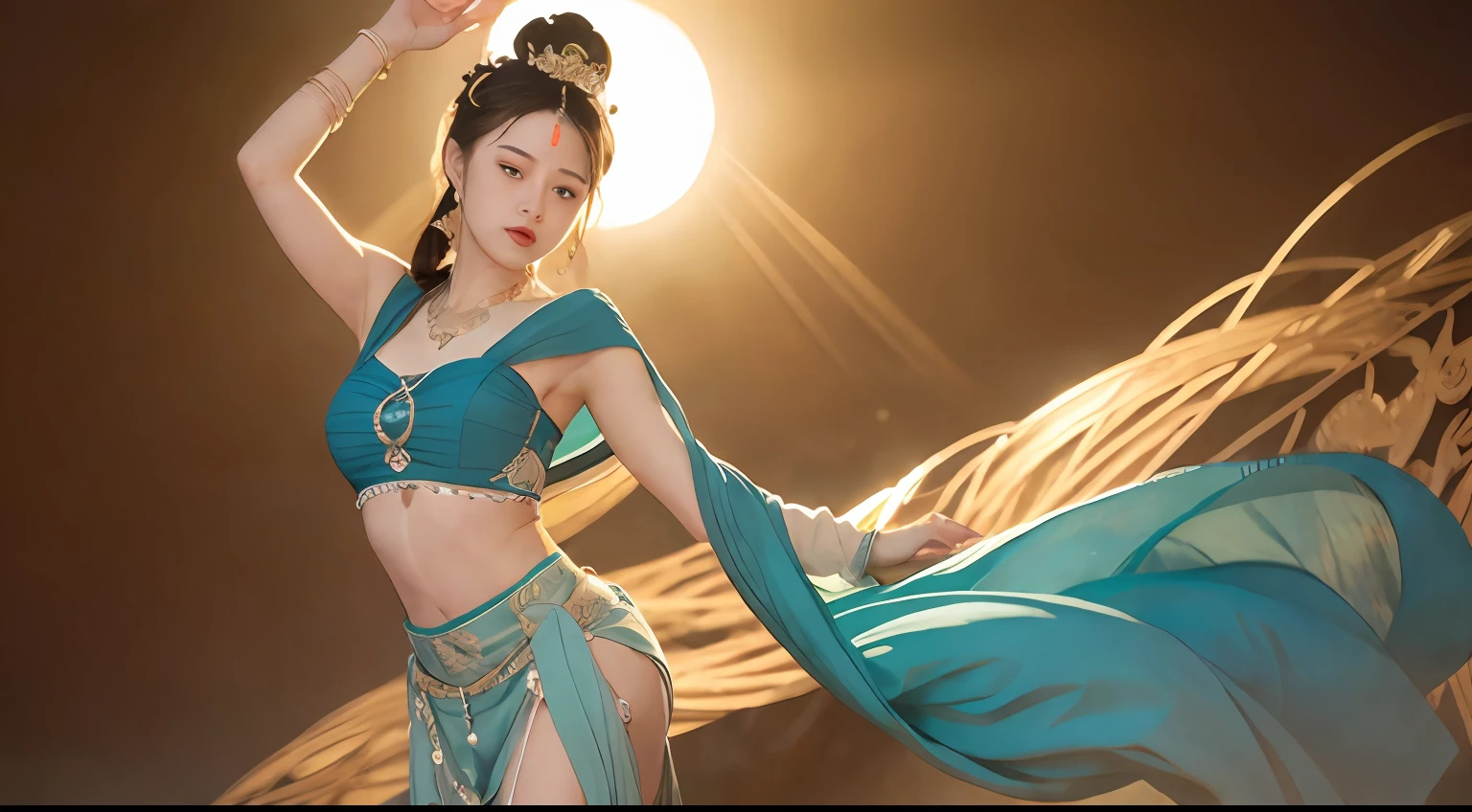 (8k, RAW photo, best quality, masterpiece:1.2), (realistic, photo-realistic:1.4), (extremely detailed CG unity 8k wallpaper), 1 girl solo, dance, dunhuang_dress, dunhuang_style, dunhuang_background,
