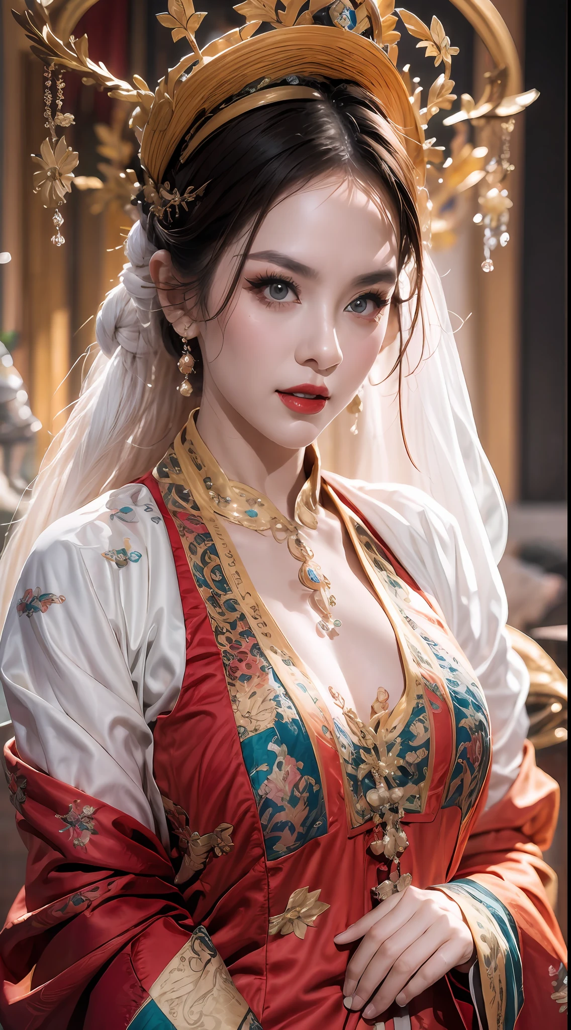 两位圣人的肖像, charming 成人 saint in a long dress made of thin silk, beautiful saint with an old 脸, 成人, 穿着一件薄薄的彩色丝绸连衣裙, beautiful 脸 without blemishes, 闭上你的嘴, ((7色头发长度:1.2)), 大皇冠, 发饰, 汉服, 中国古风, 全身首饰, 额头纹身, 超均匀胸部, 脸, innocent 脸, 最美丽、最详细的淡红色唇膏, ((薄而丰满的嘴唇:0.3)), 精致的粉色和白色眼睛 (白色且细致) 電影, 光与暗, 戏剧灯光, 神奇的光芒, 极其细致的灯光, 本色, 超级锋利, 实际的, 8K 画质, 奇幻宇宙背景, 圣人和魔法空间, 最详细的图像, 独自的, 圣女, ((直视圣人的上半身:0.4)), ((光滑肌肤:0.5)),