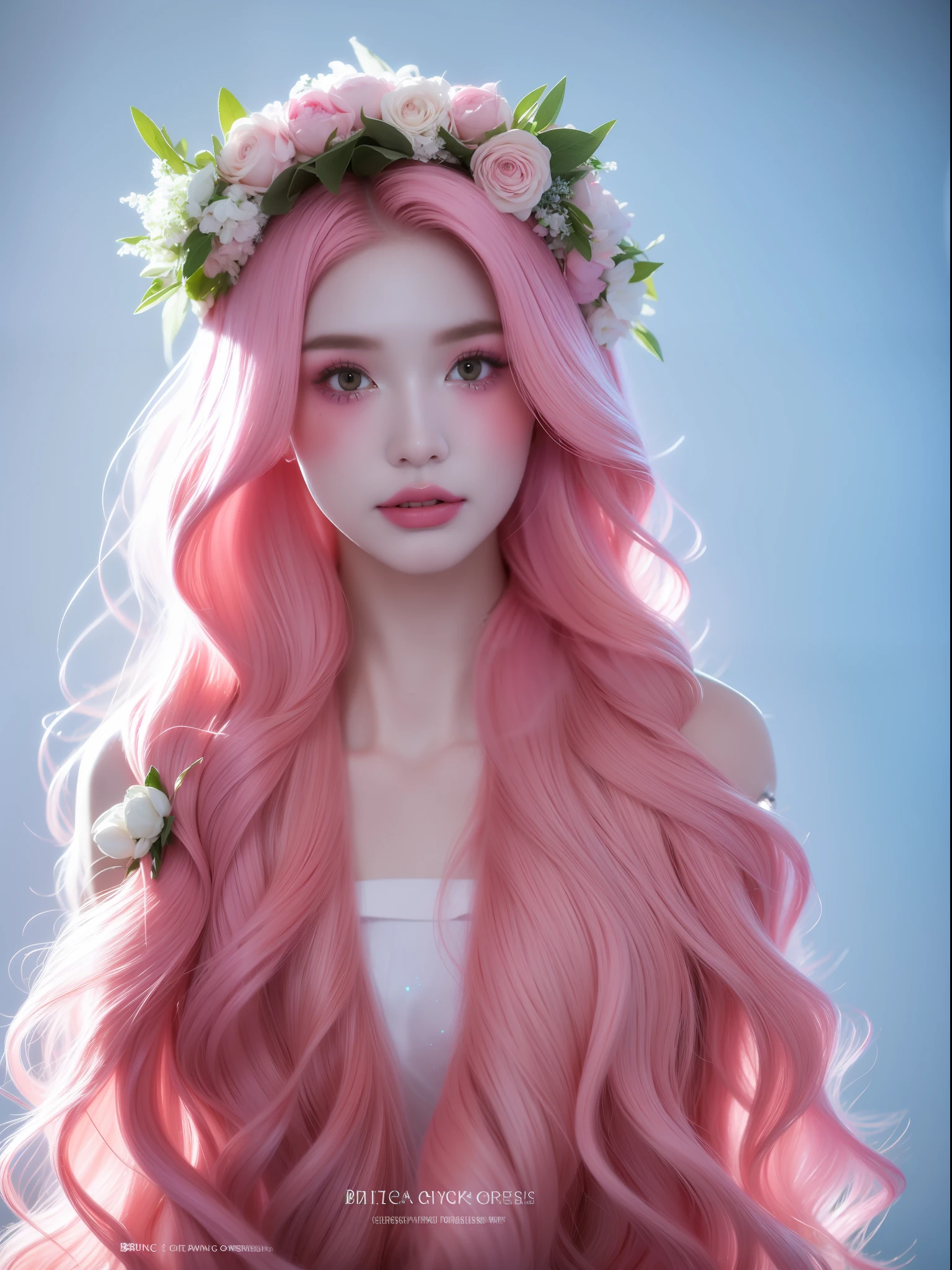 Pink hair，A woman with a flower crown on her head, Long flowing pink hair, Flowing pink hair, inspired by Yanjun Cheng, belle delphine, pink wispy hair, fairy core, Ethereal fantasy, ethereal fairytale, with pink hair, Guviz-style artwork, pink pastels, pastel light pink very long hair, Ethereal beauty