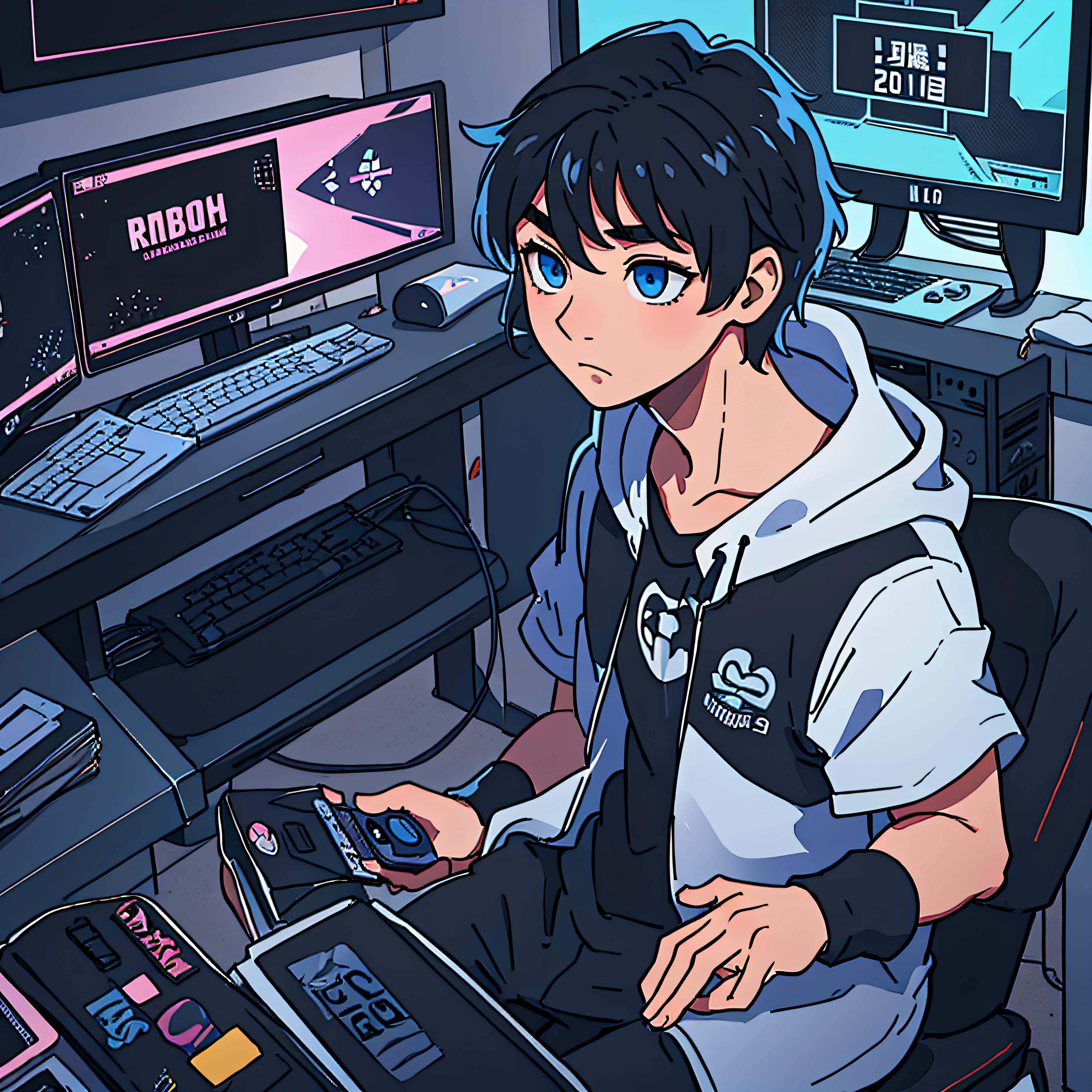 Best quality: 1.0), (Super High Resolution: 1.0), Anime boy, short black hair, blue eyes, sitting in front of computer playing games, background in esports room, --auto --s2