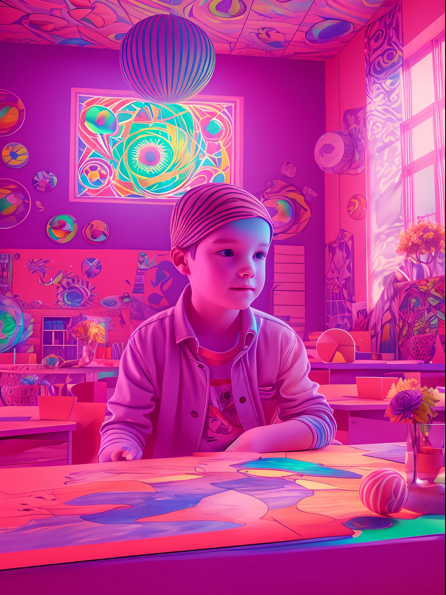 A KIDS, classroom, fantasy, psychedelic feeling, The wide view captures, colorful color matching, Maxon Cinema 4D, Luminism, cinematic lighting, retina, textured skin, anatomically correct, best quality, award winning