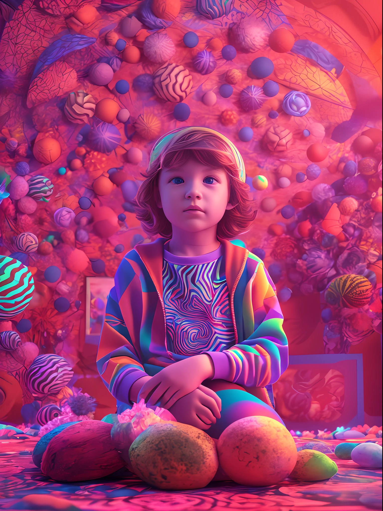 A KIDS, classroom, fantasy, psychedelic feeling, The wide view captures, colorful color matching, Maxon Cinema 4D, Luminism, cinematic lighting, retina, textured skin, anatomically correct, best quality, award winning