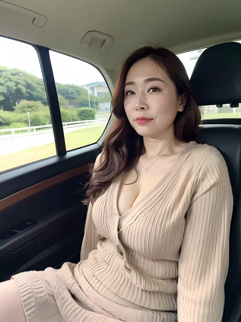((top-quality、8K、​masterpiece:1.3))、foco nítido, high-level image quality, hight resolution, Portrait, Solo, japanes, Middle-aged woman, Beautie, 48yo, Plump, Wavy Hair, Clothes with a view of cleavage, pantiy, Wrinkles at the corners of the eyes, Bewitchi...