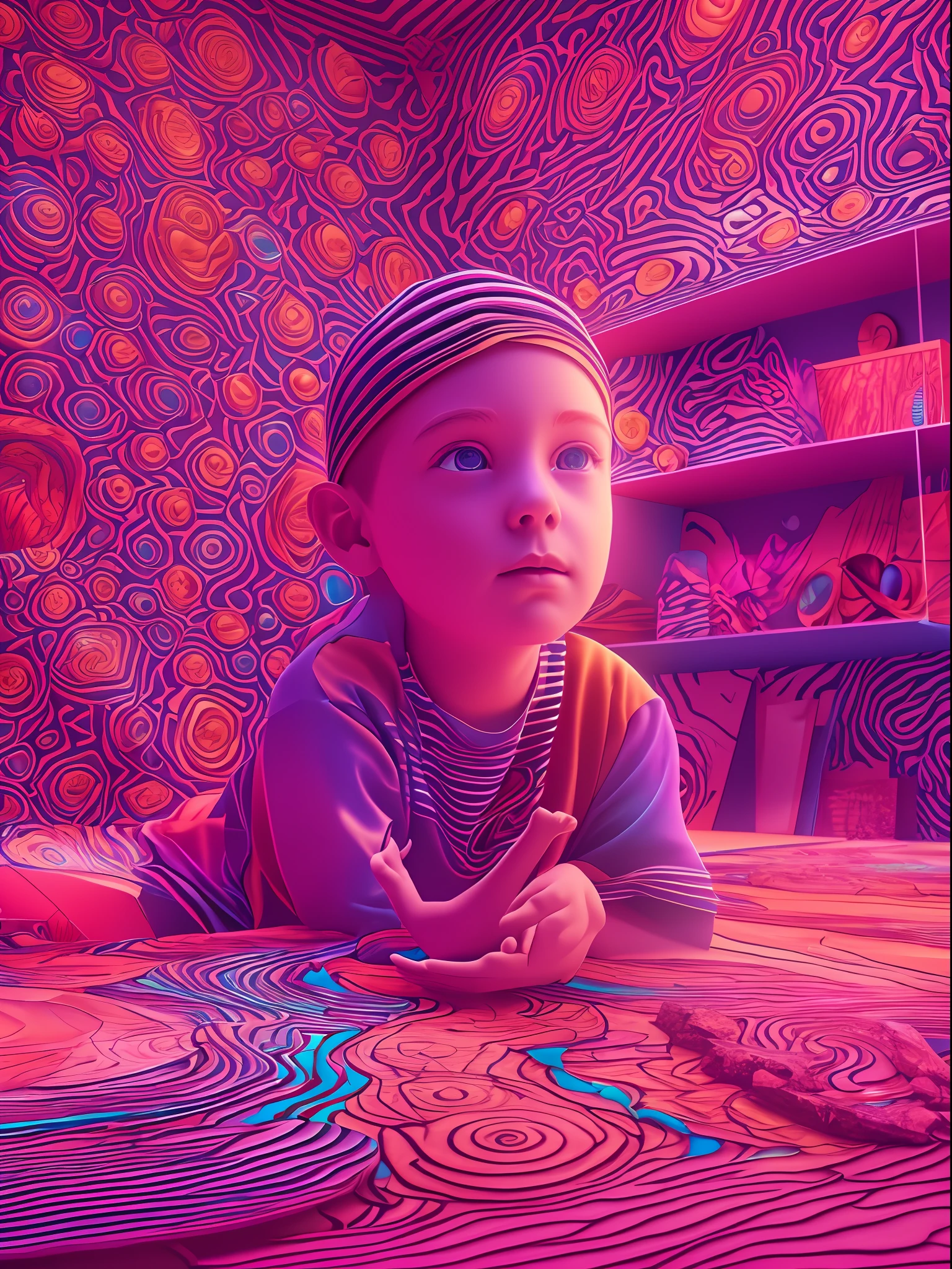 A KIDS, classroom, fantasy, psychedelic feeling, The wide view captures, colorful color matching, Maxon Cinema 4D, Luminism, cinematic lighting, retina, textured skin, anatomically correct, best quality, award winning