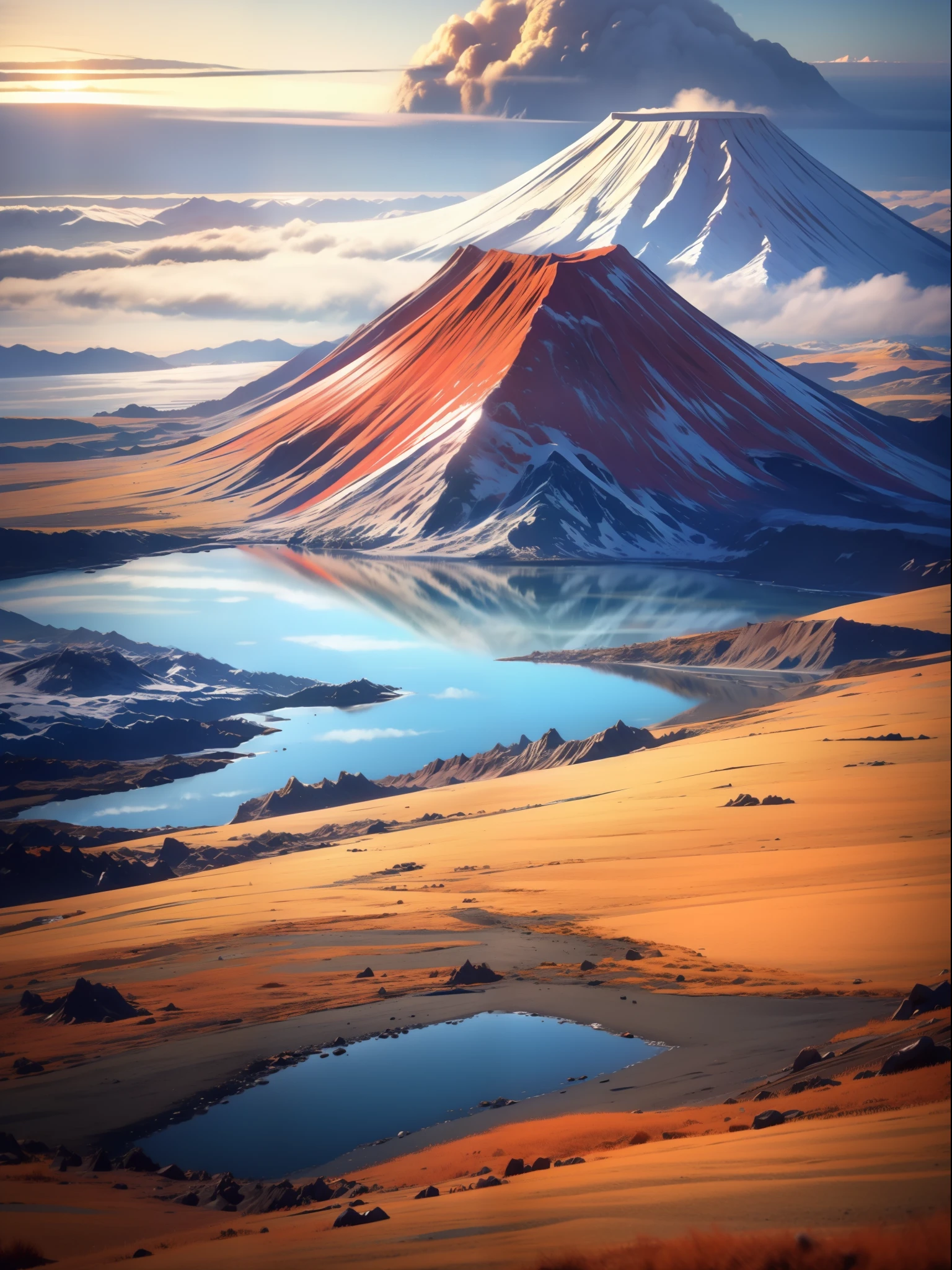 （paisagem do vulcão：1.3）, （realisticamente：1.4）， grão de filme, de cima, perspectiva atmosférica, Filme Fuji, Ângulo ultra-amplo, detalhes altos, alta qualidade, hiper HD, detalhes altos, 8K