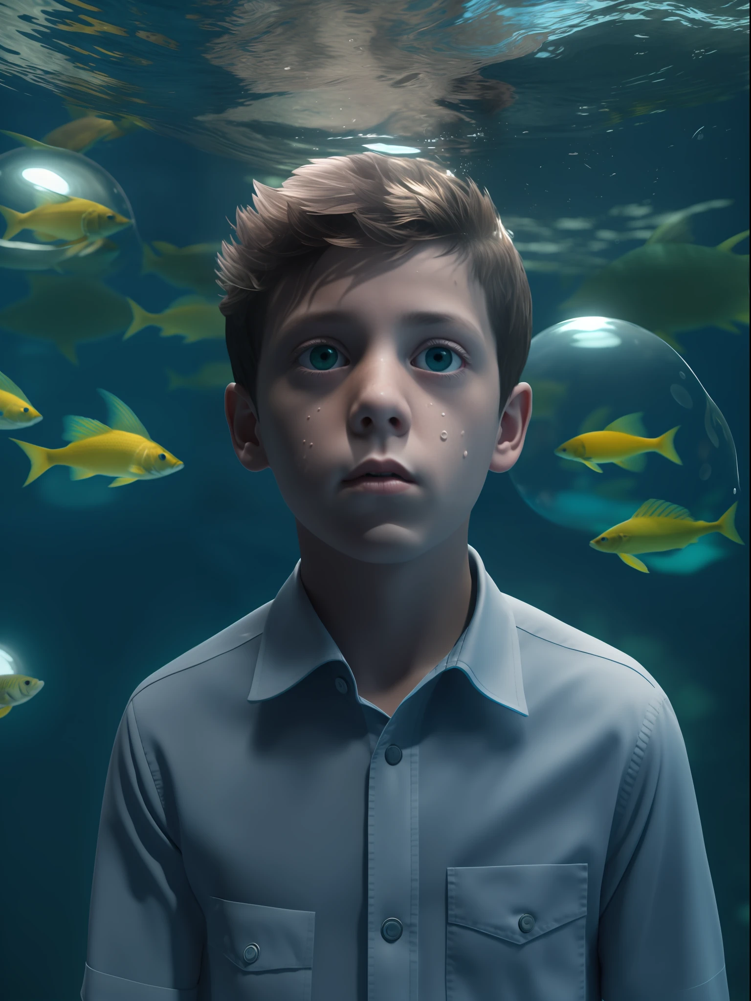 An underwater scene where fish fly and birds swim, in the style of Rene Magritte, A boy watches in wonder from his bubble, Close-up shot of the boy amidst this surreal scene, Rendered by Alec Soth with unreal engine 5, Luminism, cinematic lighting, retina, textured skin, anatomically correct, best quality, award winning