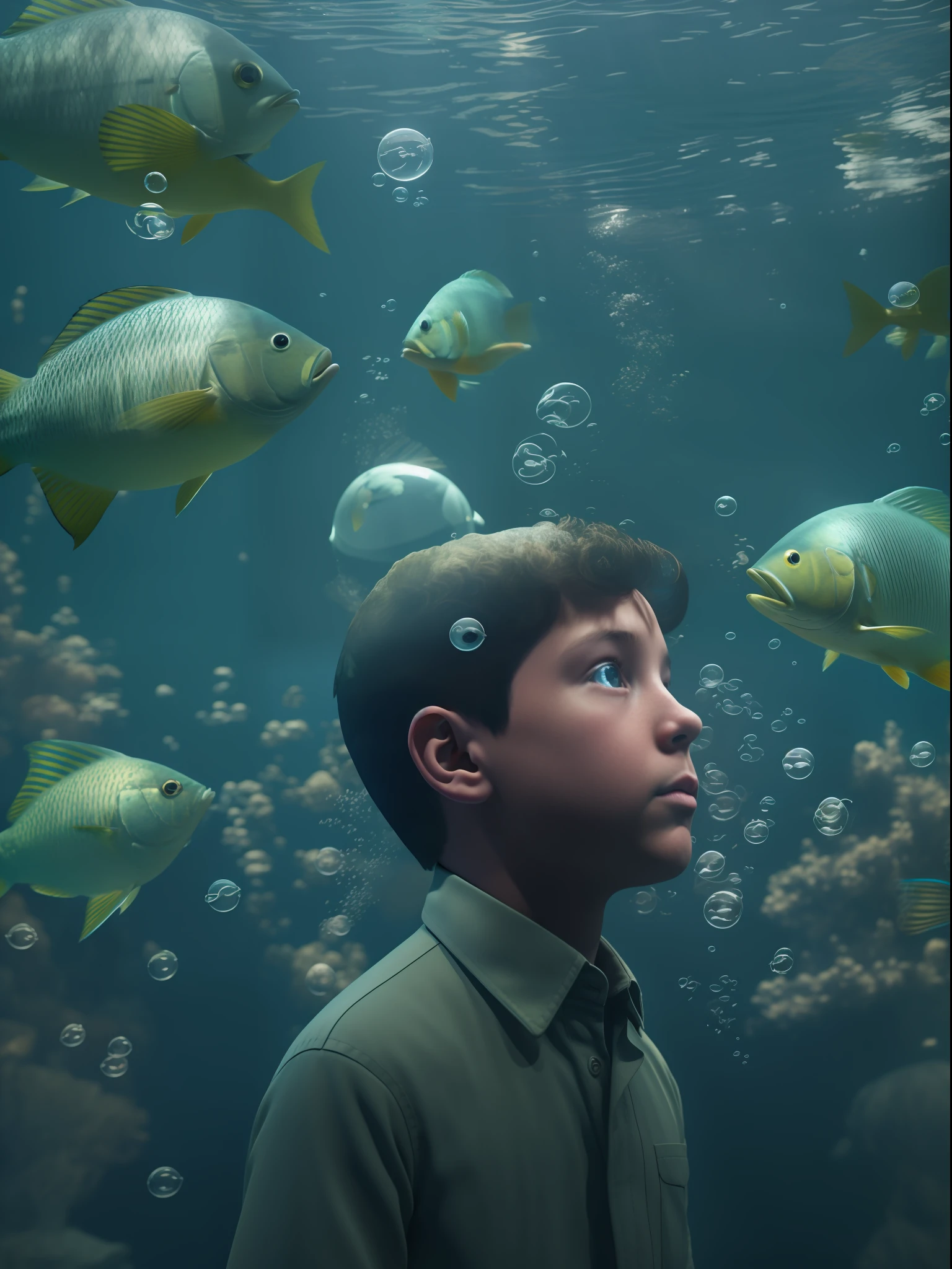 An underwater scene where fish fly and birds swim, in the style of Rene Magritte, A boy watches in wonder from his bubble, Close-up shot of the boy amidst this surreal scene, Rendered by Alec Soth with unreal engine 5, Luminism, cinematic lighting, retina, textured skin, anatomically correct, best quality, award winning