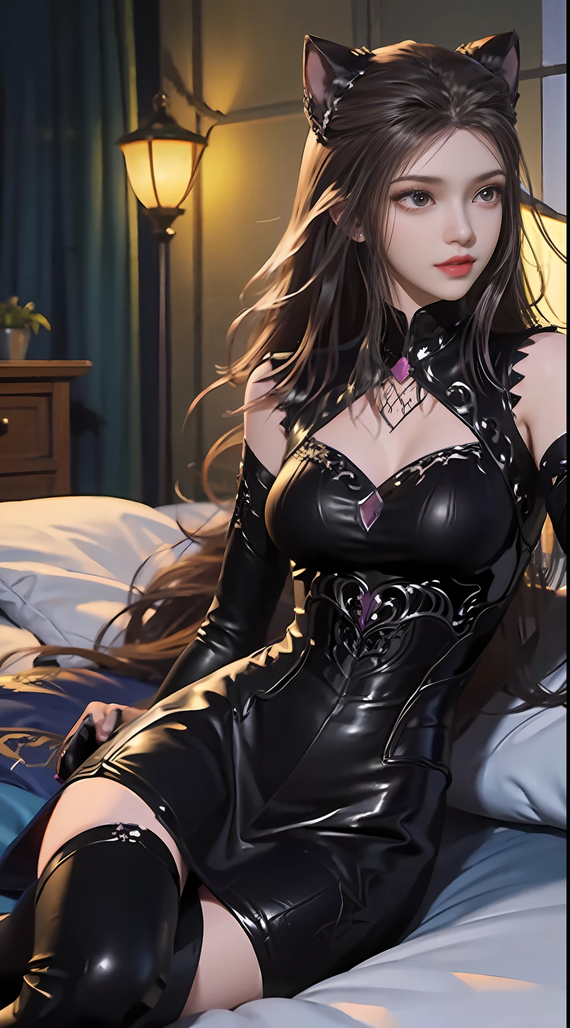 （hoang lap，High- sharpness，ultra - detailed）， 1girll， 独奏， mature， （Very long hair， brunette color hair， By bangs： 1.4）， long  skirt， longer sleeves， rich colourful， highest details， Wearing black silk pajamas，Black leather pants，Cat ears，Lying in bed，looks into camera，Seductive eyes