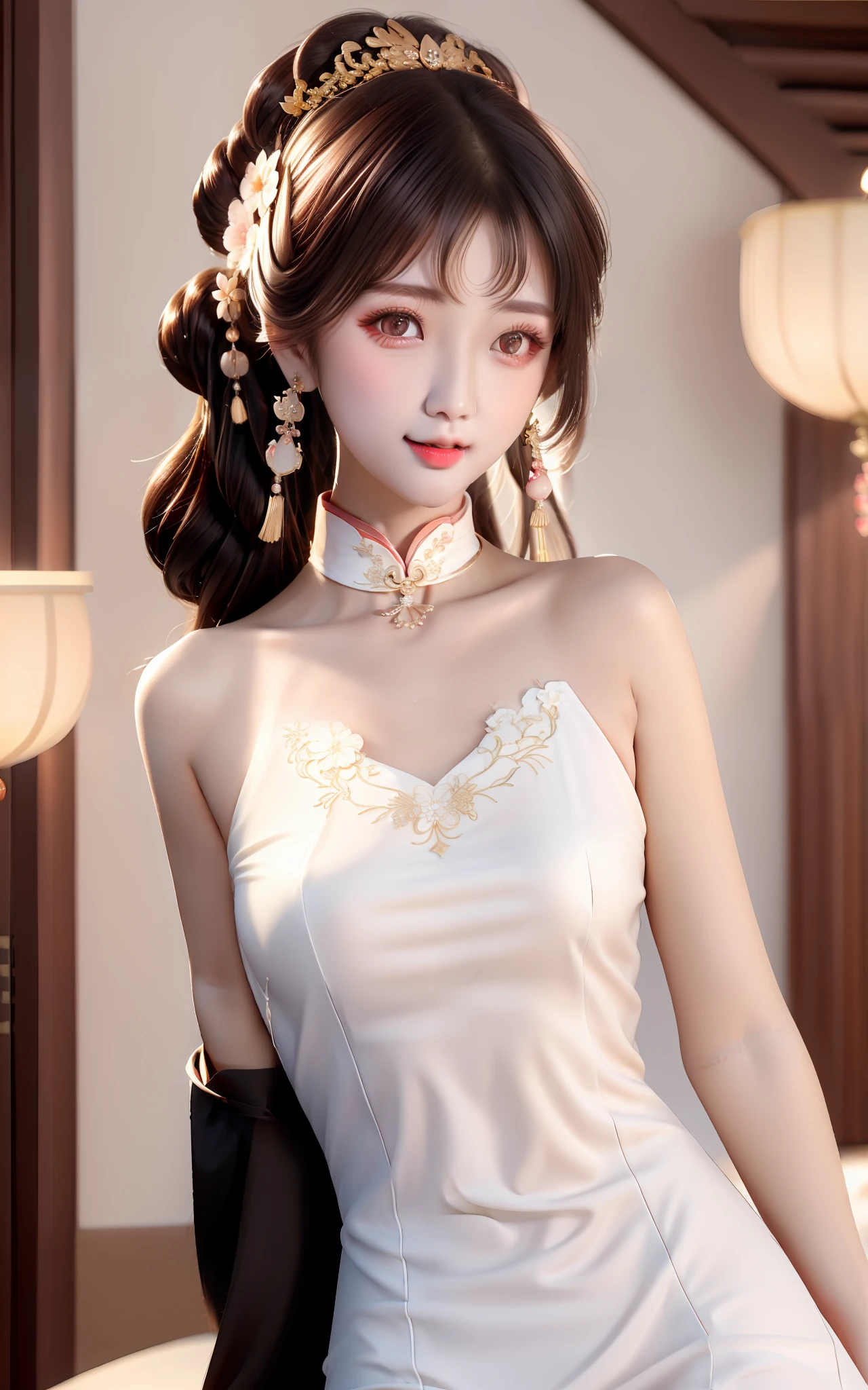 Need,tmasterpiece,A high resolution,1girll,Blushlush,(Seductive smile:0.8),starpupil,Chinese Hanfu,hair adornments,choker necklace,jewelry,beautfully face,On_Body,Dingdall effect,realisticlying,Shadow room,light edge,Two-tone lighting，（highdetailskin：1.2），8k Ultra HD，SLR，softlighting，high high quality，Volumetriclighting，sneak shot，photore，A high resolution，4K，8k，Background bokeh，photorealistic high detail,8k resolution,超A high resolution,A young girl, A cute girl，short detailed hair，hair-bun，lipsticks，Tassel earrings，Black clear eyes，Smooth hair,clavicle,Exquisite and perfect facial features, the most beautiful big eyes,Long eyelashes,The eyes are sweet and there are lying silkworms,ssmile，dynamic angle,Extreme picture quality,Highest precision,Precise and perfect human anatomy，(((Slim Republic of China white cheongsam，Crimson gold embroidery)))，((sitted))，Warm scene，超A high resolution，Ultra-clear vintage black flowing hair，Delicate bun）By bangs，（Long flowing hair，With a bun:1.3）），Delicate collarbones，beautiful make up，Exquisite and perfect facial features，，Big watery eyes，Lying silkworm，Long eyelashes，The eyes are sweet and have eye shadow，Slim waist，Do not show your hands，，lipsticks，Blushlush，Delicate earring earrings