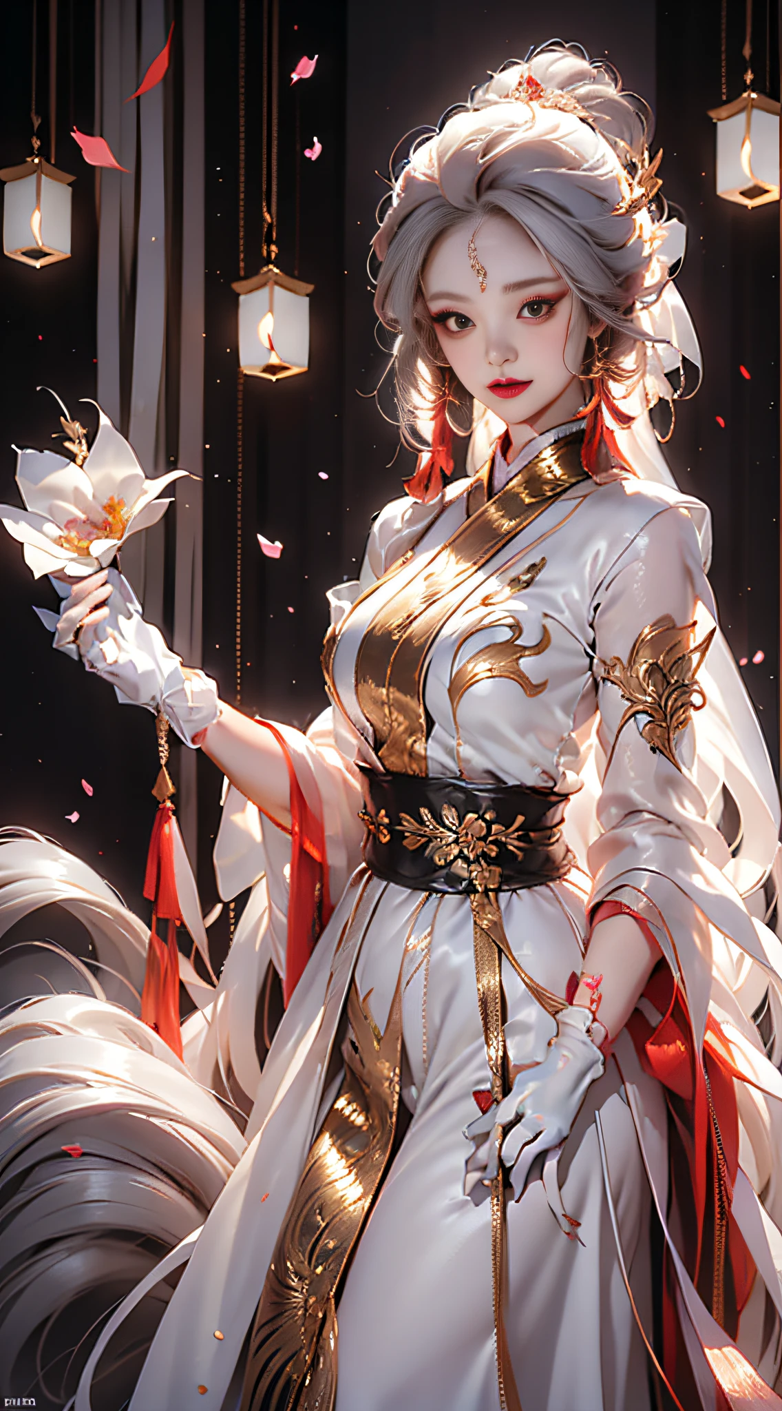 Need,tmasterpiece,A high resolution,(Delicate figure，White gloves:2.0),Absolutely beautiful,(Milky skin:1.3),exquisitedetails，Delicate face，,A high resolution,Wallpapers,1female,solo,shift dresses,hair adornments,(((Golden and red dress，Long gray hair)) ), long  white hair,Fox's tail, friedly smile,Gorgeous accessories, longer sleeves, Raise Hand, Wide sleeves, Big eyes, Fluttering, Hanfu, Hanfu, embroidery, long  skirt, Feminine pose, falling flower petals, Lanterns，16K，HDR，A high resolution，depth of fields，（filmgrain：1.1），Bocoon，prime time，（lens flare glow），Vignette，rainbowing，（Farbe：1.5）