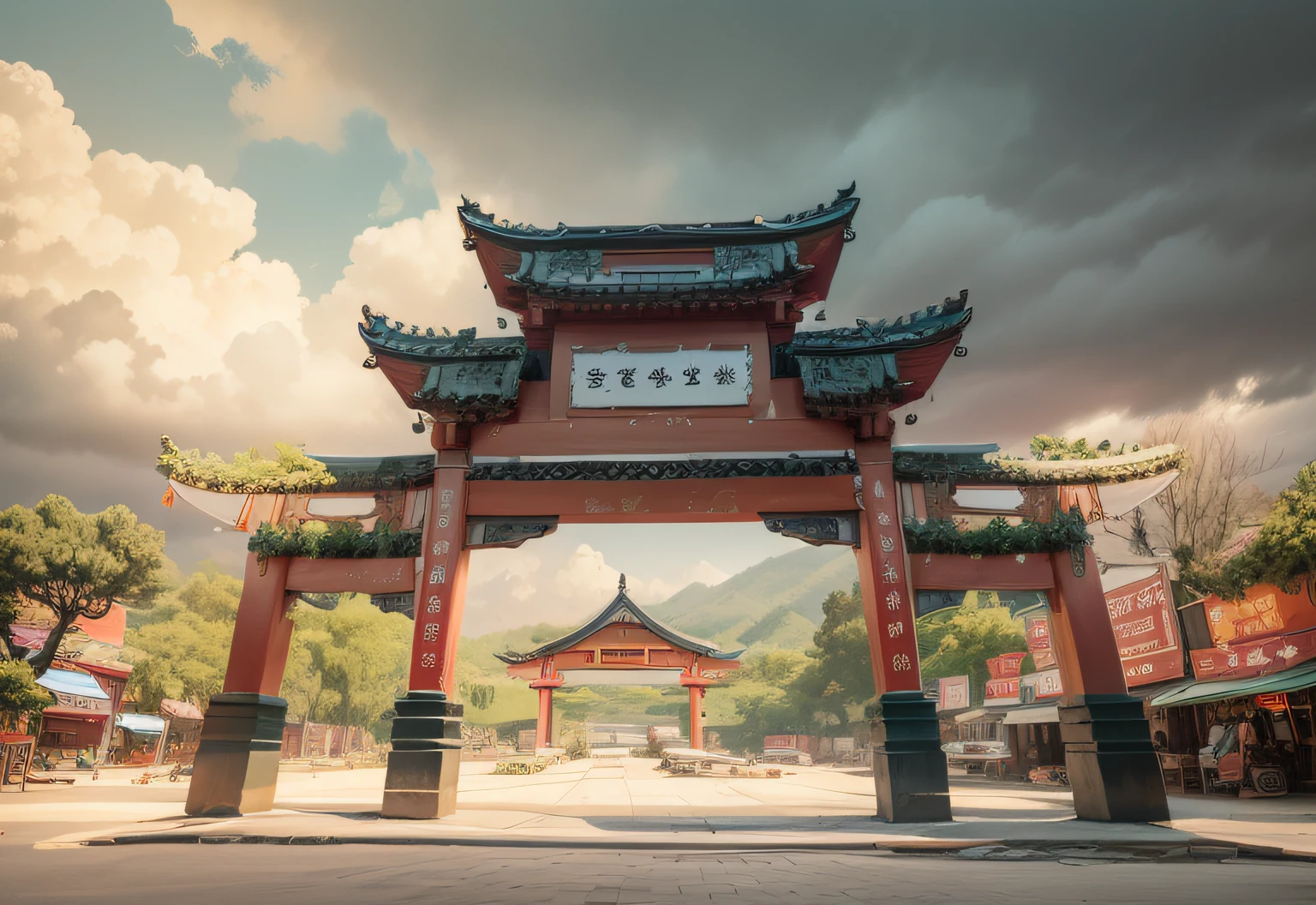 This is a fine architectural landscape painting，Depicts the archway of Chen Pi Village in Xinhui, Jiangmen, Guangdong, China，In the center of the picture is the torii，The name of the torii is "Xinhui Chen Pi Village"，The painting uses traditional brush and ink techniques，Outline the shape of the torii with lines。The figure uses 16:Aspect ratio of 9，The noise processing intensity is 5，The image quality factor is 2，The Niji filter has an intensity of 5 --auto