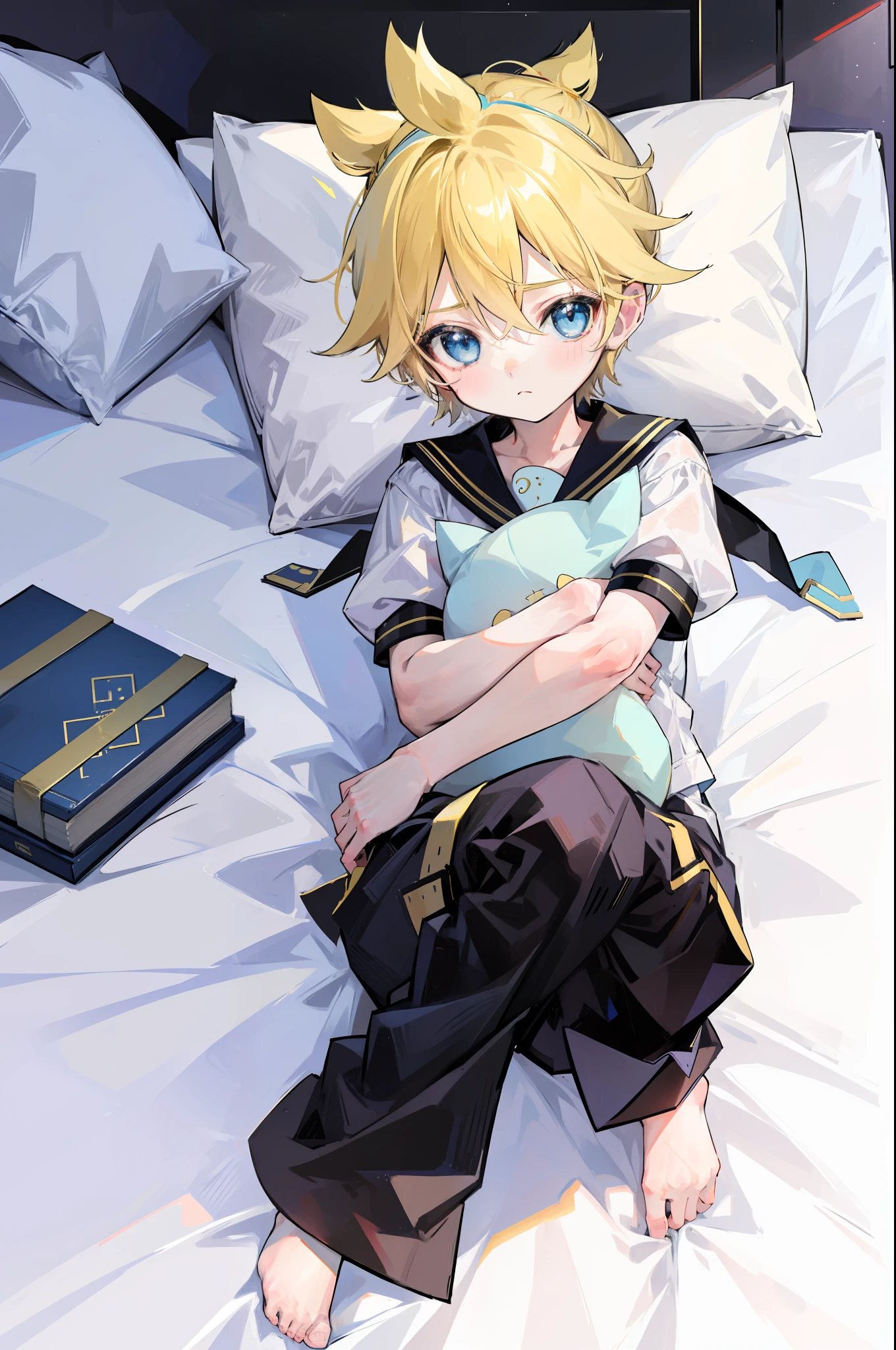 best quality, ultra precision, (one boy), (Len_Kagamine), cute, cool, blond hair, blue eyes, shota, handsome, cowlick, sailor uniform, black short pants, slender,  your cute boyfriend, innocent, boy model, boy is cute like a girl, on bed, lying on bed, lovely, boy adore you, boy love you, spoiled child, character focus, hugging pillow, full body