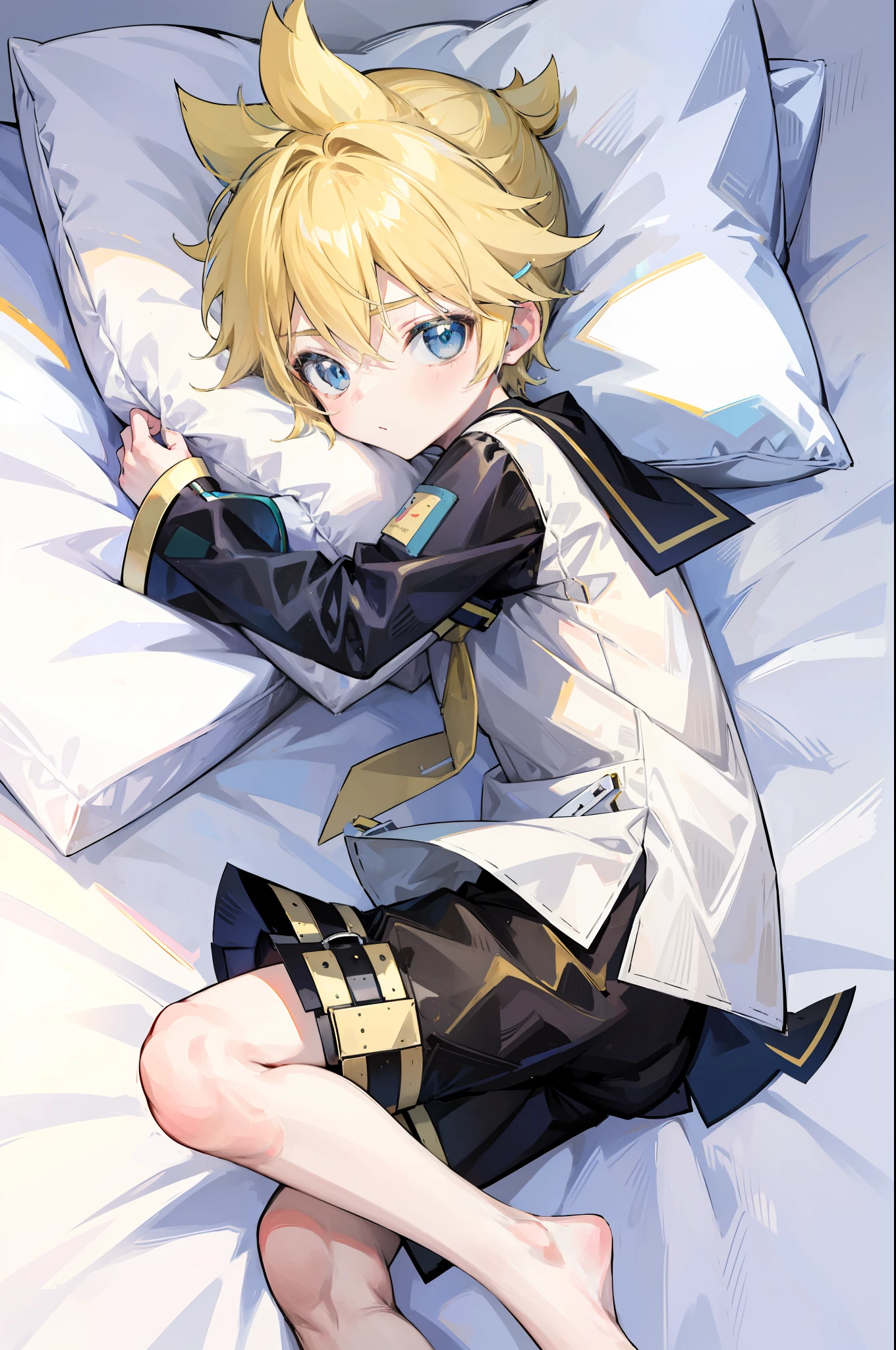 best quality, ultra precision, (one boy), (Len_Kagamine), cute, cool, blond hair, blue eyes, shota, handsome, cowlick, sailor uniform, black short pants, slender,  your cute boyfriend, innocent, boy model, boy is cute like a girl, on bed, lying on bed, lovely, boy adore you, boy love you, spoiled child, character focus, hugging pillow, full body