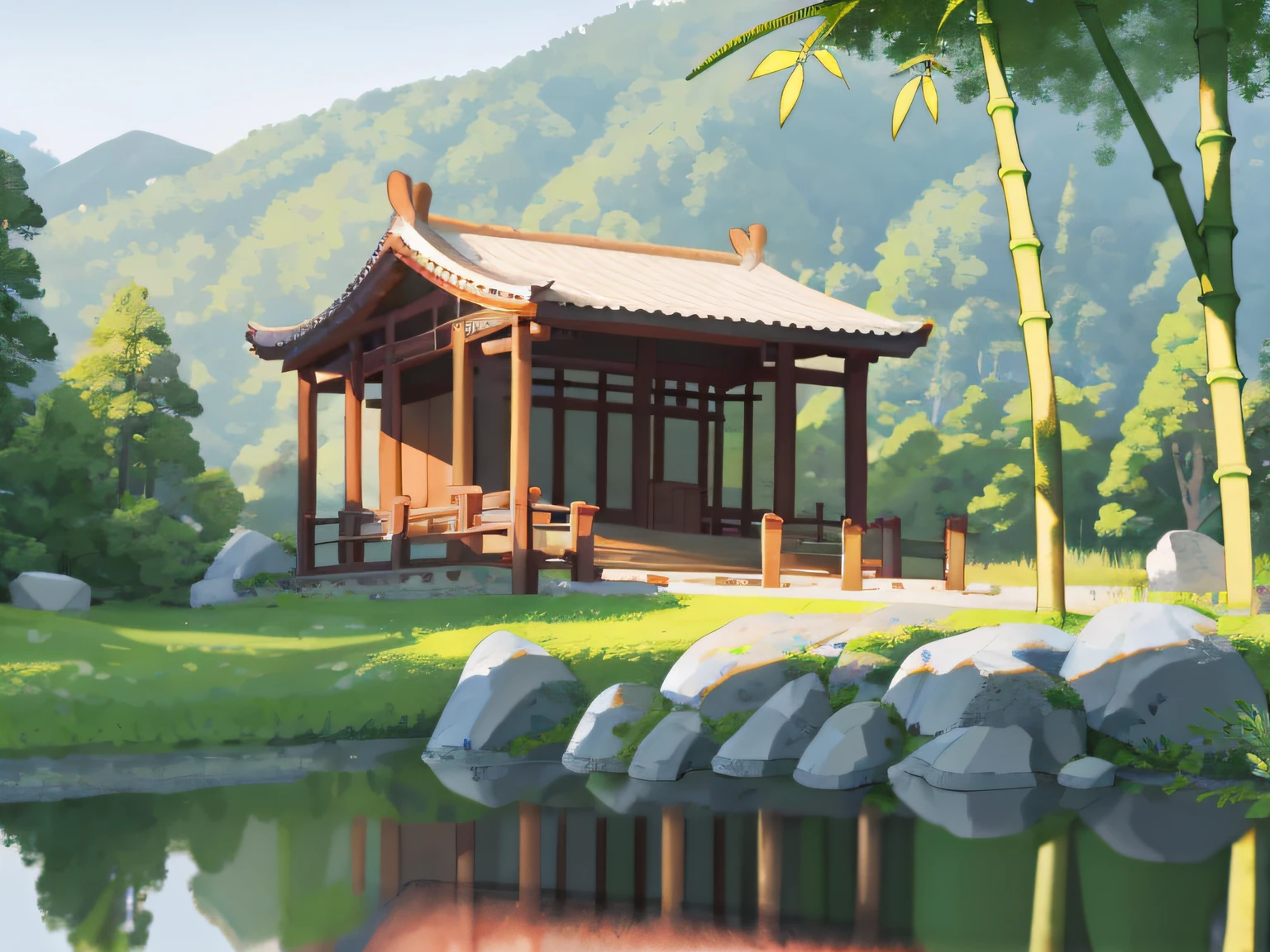 Ancient Chinese architecture, spring, dark night, garden, bamboo, lake, stone bridge, peach blossom, trees, flowing water, landscape, outdoor, grass, rock, (Illustration: 1.0 ), epic composition, realistic lighting, HD details, masterpiece, best quality, (very detailed CG unity 8k wallpapers), clay texture, clean background, natural light, best quality, ultra detail, 3d art, c4d, blender, oc renderer, 3d render, 8k