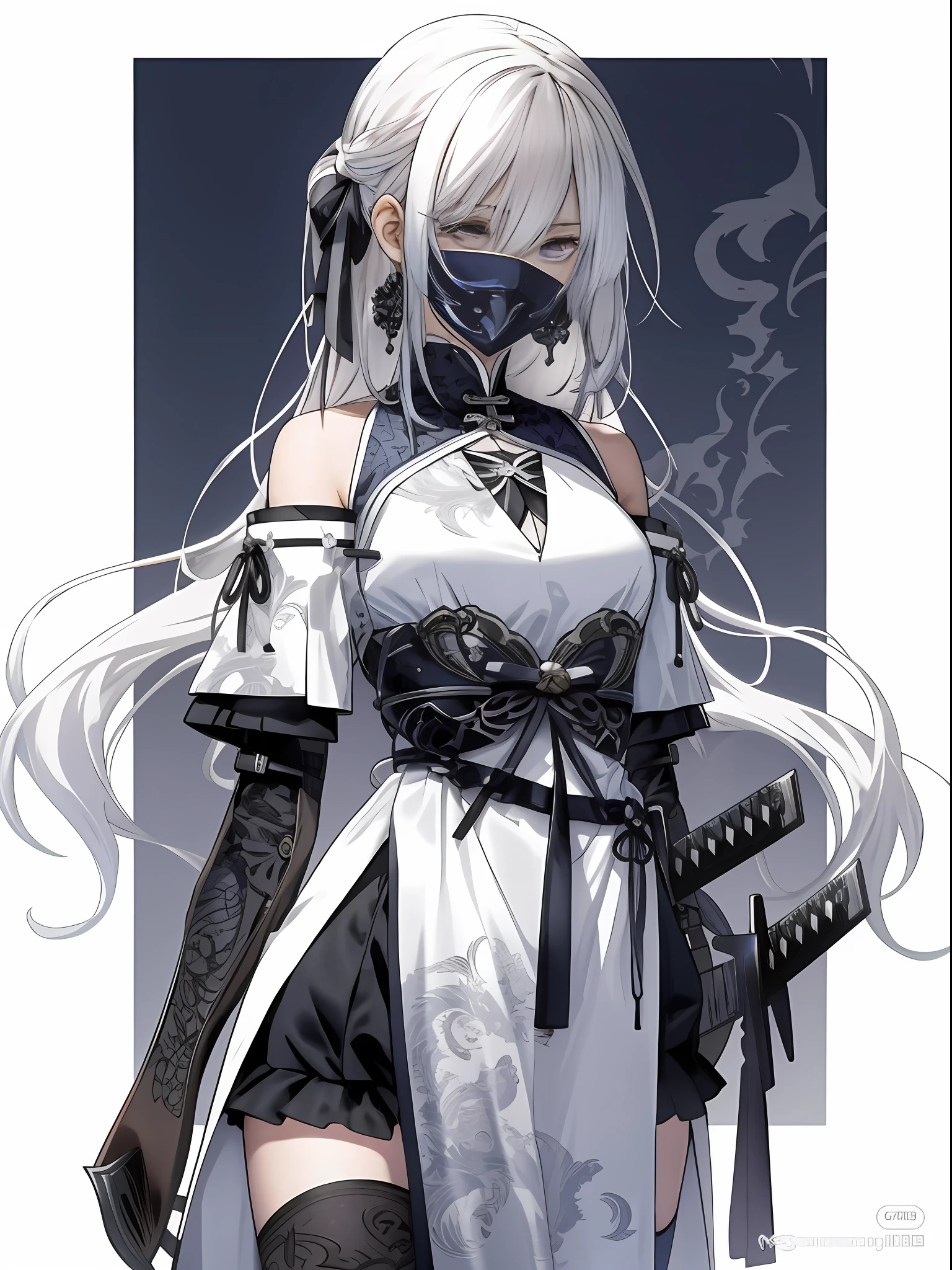 A close-up of a man wearing a mask and a sword, From the night of the ark, white-haired god, anime figure, Anime character art, female anime character, gothic maiden anime girl, epic exquisite  character art, detailed anime character art, best anime character design, white haired Cangcang, goth ninja, from girls frontline, arknight, Badass anime 8 K, White-haired