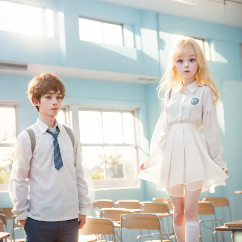 ghost girl in classroom in school building at sunset(1.1)with  the、her lover male middle school student(1.2)、strong sunset light...