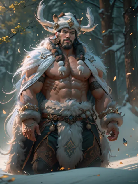 arafed image of a muscular man in fur hat and costume, cgsociety masterpiece, full portrait of a magical druid chengwei pan on a...