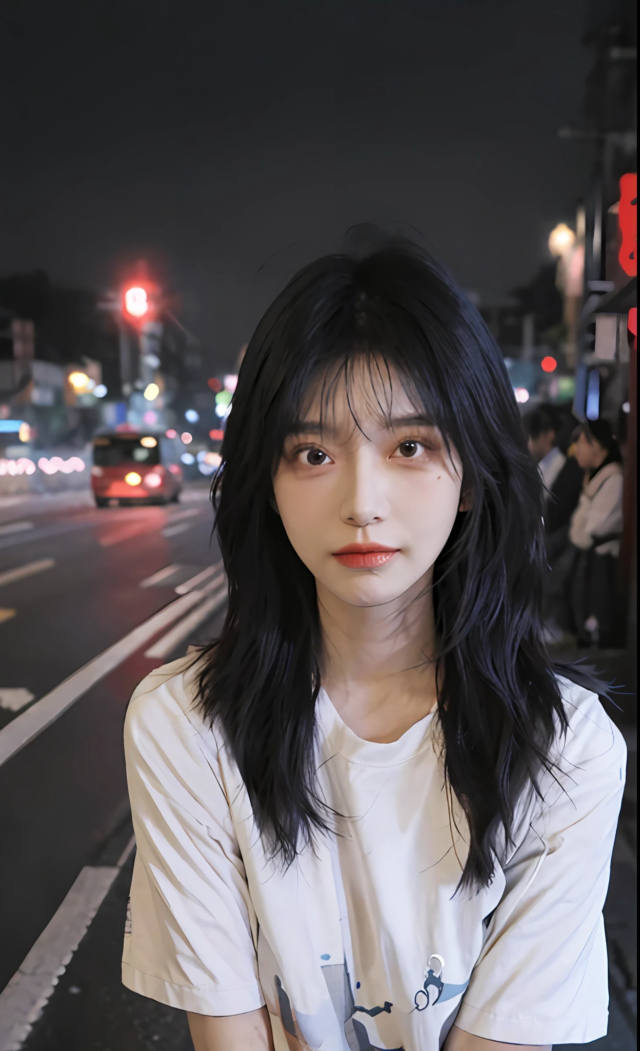 （8K，RAW photos，tmasterpiece：1.3），photograph realistic：1.37），（natta），（looking at viewert：1.331），（whaite hair），posing on a，Tokyo Street，nightcityscape，Cyberpunk-city，the soft light，1girll，Extremely beautiful face，chest circumference，putdownhands，random hair style，Random expressions，largeeyes，Alvine，Short sleeve combo 4，best qualtiy