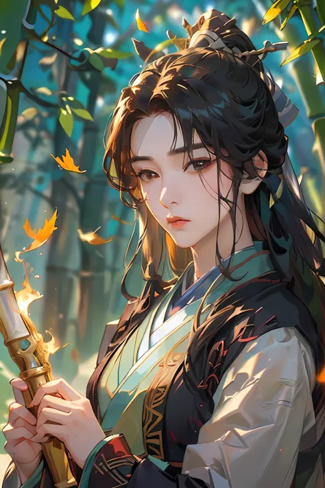 (best qualtiy），（fidelity：1），realistic skin textures，highly  detailed，8k wallpaper，tmasterpiece，ultra - detailed，Detailed facial features，Volumetriclighting，动态照明，Bust photo，1 woman，In the bamboo forest，long  white hair，horse tailed，green headwear，holding a ...