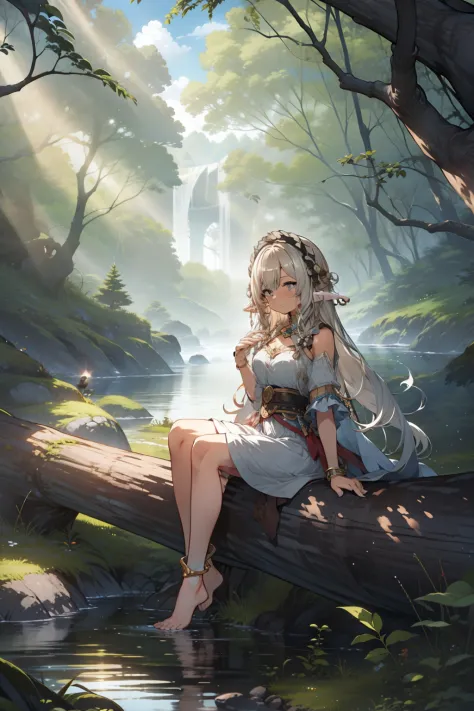 1girl, anklet, barefoot, bracelet, breasts, forest, jewelry, long hair, nature, outdoors, elf,pointy ears, river, sitting, solo,...