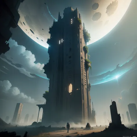 In the universe，A ruined tower full of sci-fi style，Tech style，Black