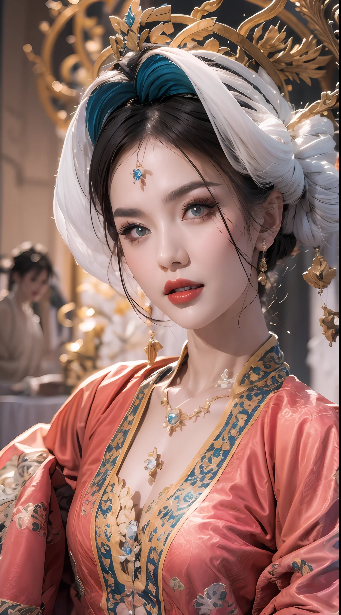 两位圣人的肖像, charming 成人 saint in a long dress made of thin silk, beautiful cute 脸, 成人, 穿着一件薄薄的彩色丝绸连衣裙, beautiful 脸 without blemishes, 可爱的笑容, ((7色头发长度:1.2)), 大皇冠, 发饰, 汉服, 中国古风, 全身首饰, 额头纹身, 超均匀胸部, 脸, innocent 脸, 最美丽、最详细的淡红色唇膏, ((薄而丰满的嘴唇:0.3)), 精致的粉色和白色眼睛 (白色且细致) 電影, 光与暗, 戏剧灯光, 神奇的光芒, 极其细致的灯光, 本色, 超级锋利, 实际的, 8K 画质, 奇幻宇宙背景, 圣人和魔法空间, 最详细的图像, 独自的, 圣女, ((直视圣人的上半身:0.4)), ((光滑肌肤:0.5)),