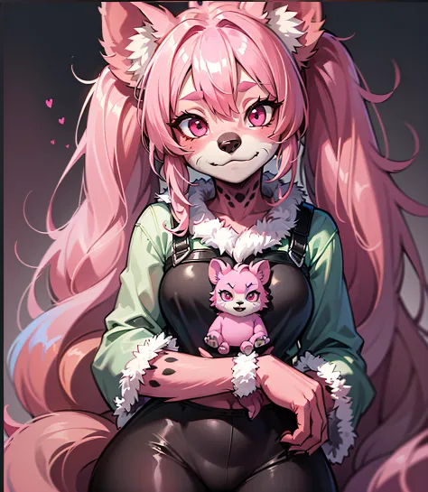 (((furry))), hyena girl, pink hair, very long hair, small stature, chubby, hair between eyes, twintails, wide hips, pink eyes, (...