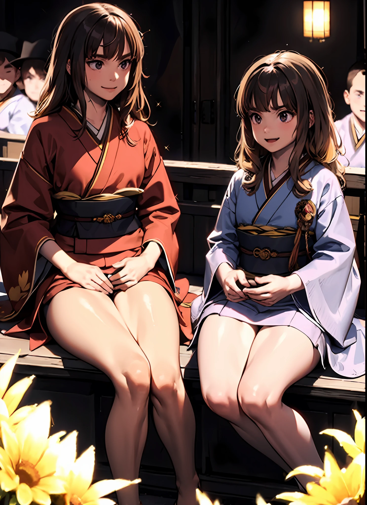 Masterpiece, hiquality, 1girl, , solo, 3d face, Walking, Cowboy shot, hairlong, solo, anatomically correct smile, Hermione Granger,kimono, Japanese kimono, low-cut, little chest, Realistic, sparkly skin, wide thighs, thights, frontal view, sparkly skin, sitting, lots of flowers, Highly Detailed Beautiful Face and Eyes, Beautiful skin,The Ideal School of Anatomy, Simple backgorund,