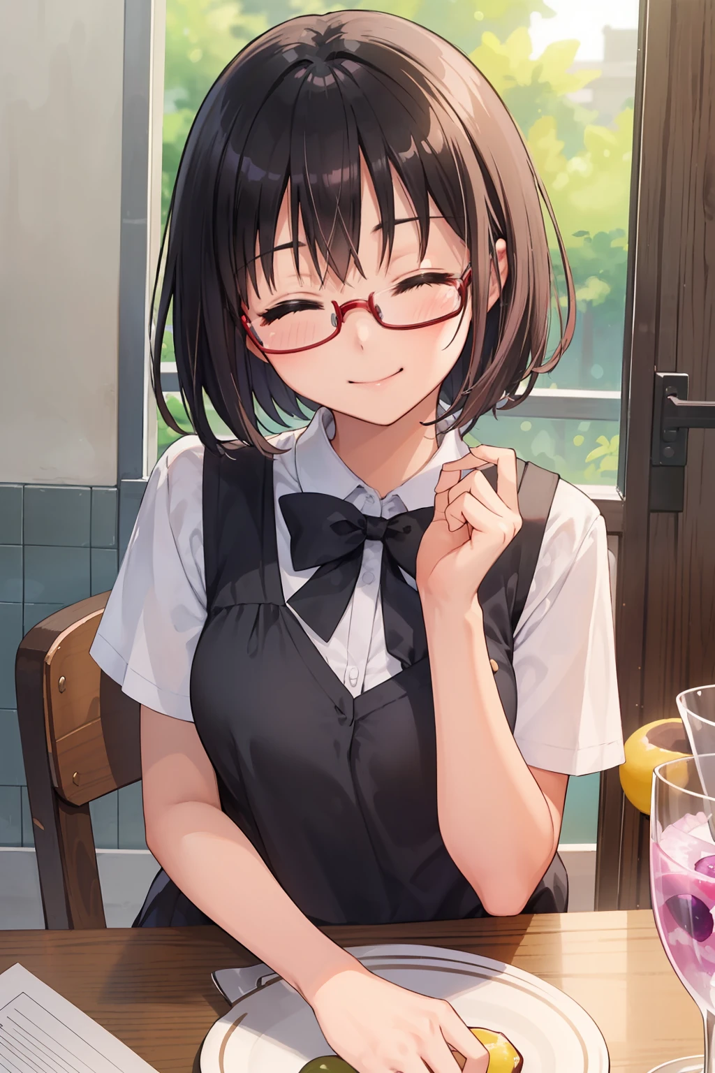 (1 Junior High School Girl、A dark-haired、short-hair、straight haired、hair adornments、eye closed、A smile、wearing black glasses、、cute  face)、​masterpiece、top-quality、Pickled plums with rice on the table、Summer clothes