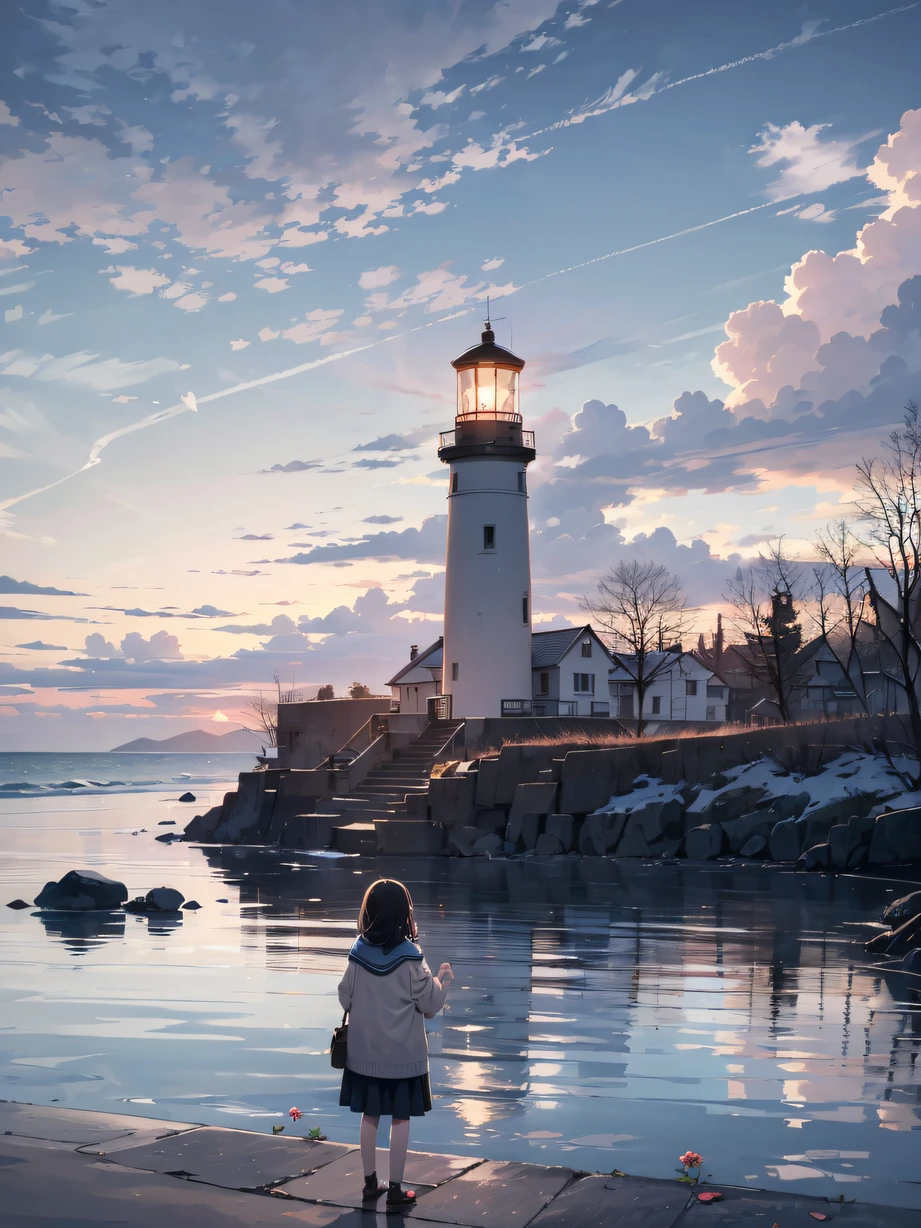 ，masterpiece, best quality，8k, ultra highres，The morning sun shines on a tranquil beach，The sea surface ripples slightly。A young girl stands silently on the beach，She held flowers in her hand，But burst into tears。Behind her was a dilapidated lighthouse，The red brick walls are as white as snow。The lights at the top of the lighthouse no longer flicker，As if he had lost his way，Echoes the girl's mood。The brilliant sunrise contrasted sharply with the girl's sad look，It makes people feel an indescribable sadness。
