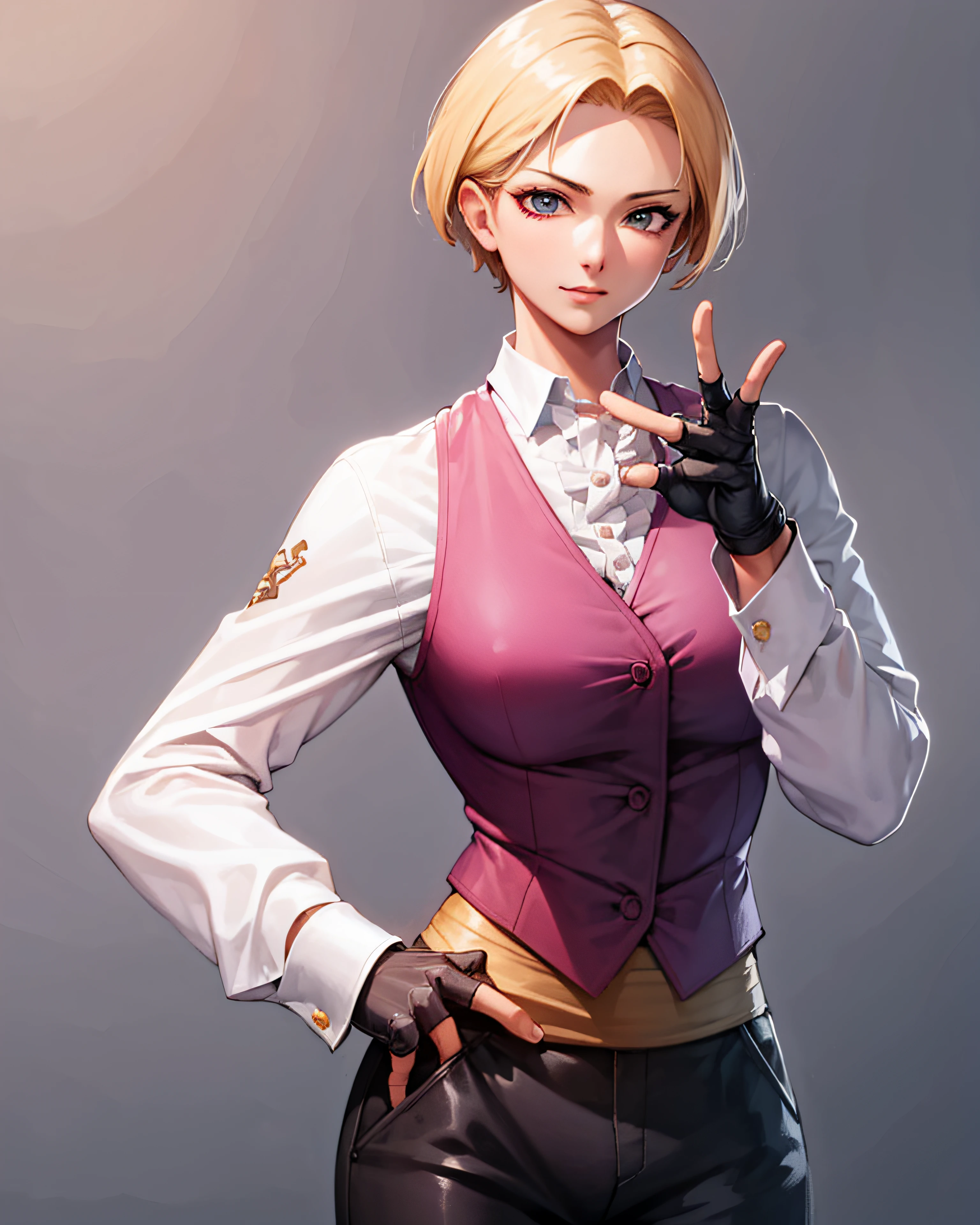 (masterpiece, best quality, high resolution, unity 8k wallpaper, extremely detailed CG:1), (illustration:1.0),  kingms, 1girl, solo, gloves, bow, fingerless gloves, pants, shirt, vest,