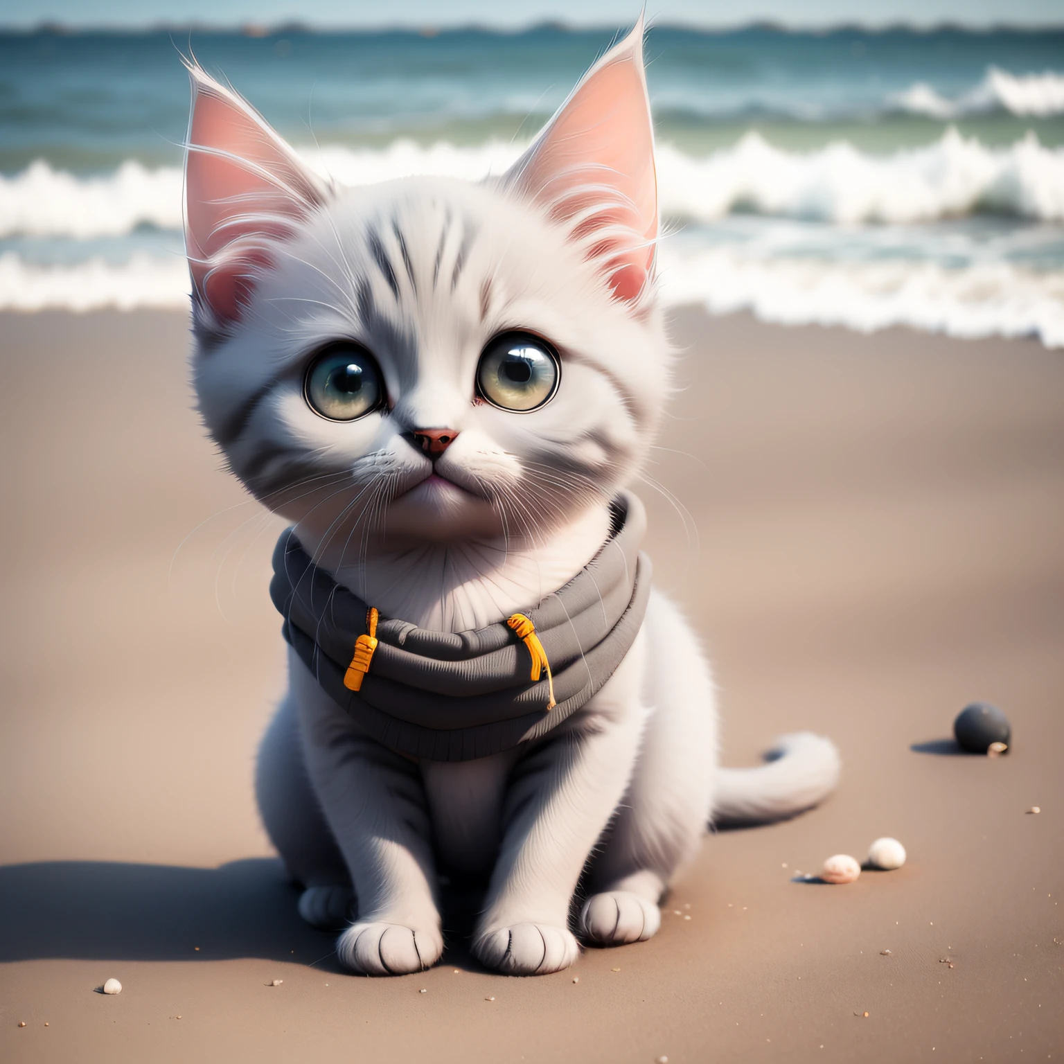 A gray kitten、beachside、On the beach