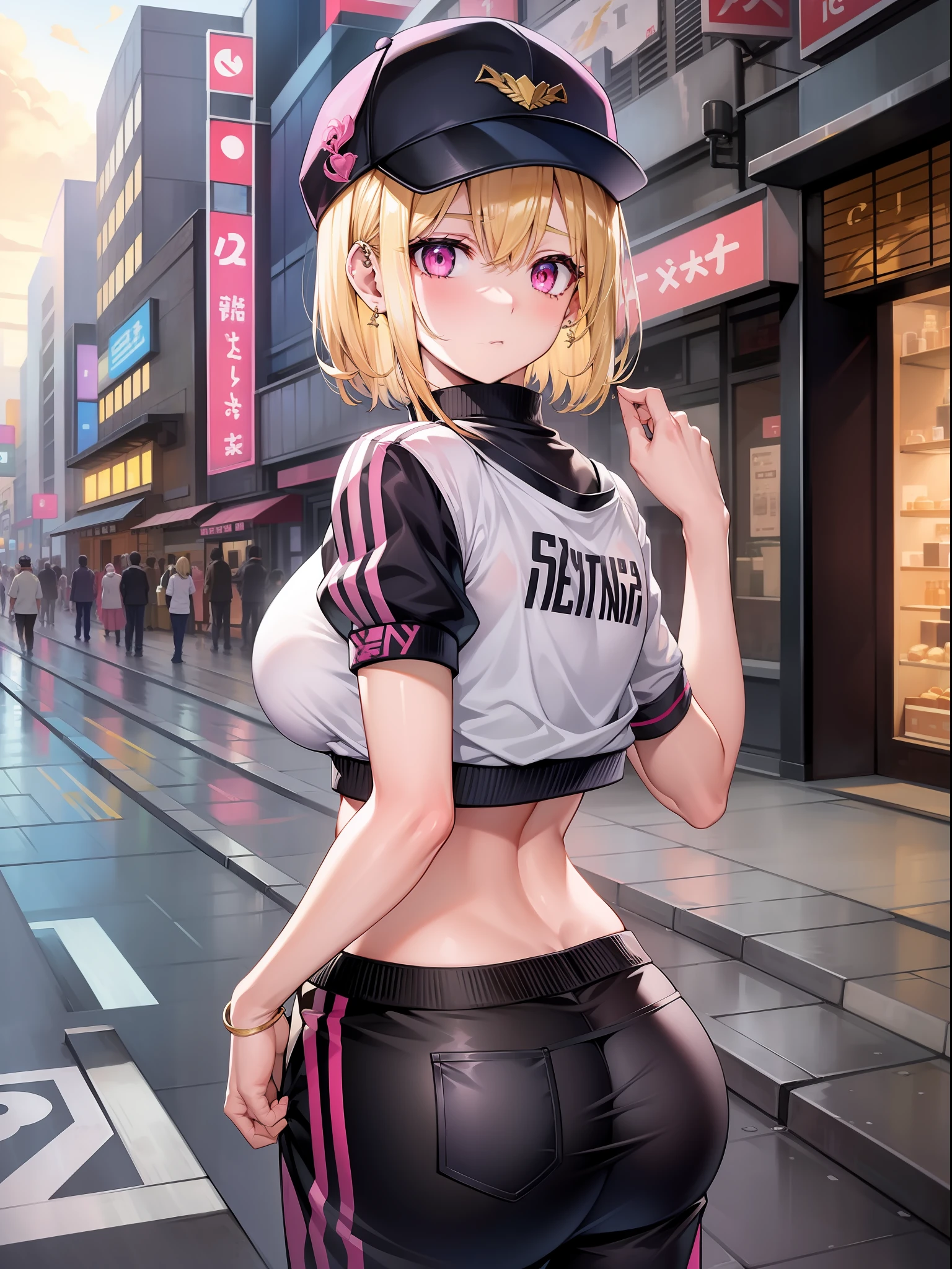 详细的脸、long eyeslashes、A detailed eye、beautidful eyes、(Pink eyes)、Shining eyes、a blond、Gold Shorthair、Large breasts、piercings、A wistful look、Navel piercing、track pants、nightcity、Wear a street hat、caps、Street fashion、Jersey Bottom、Larger buttocks、posterior view